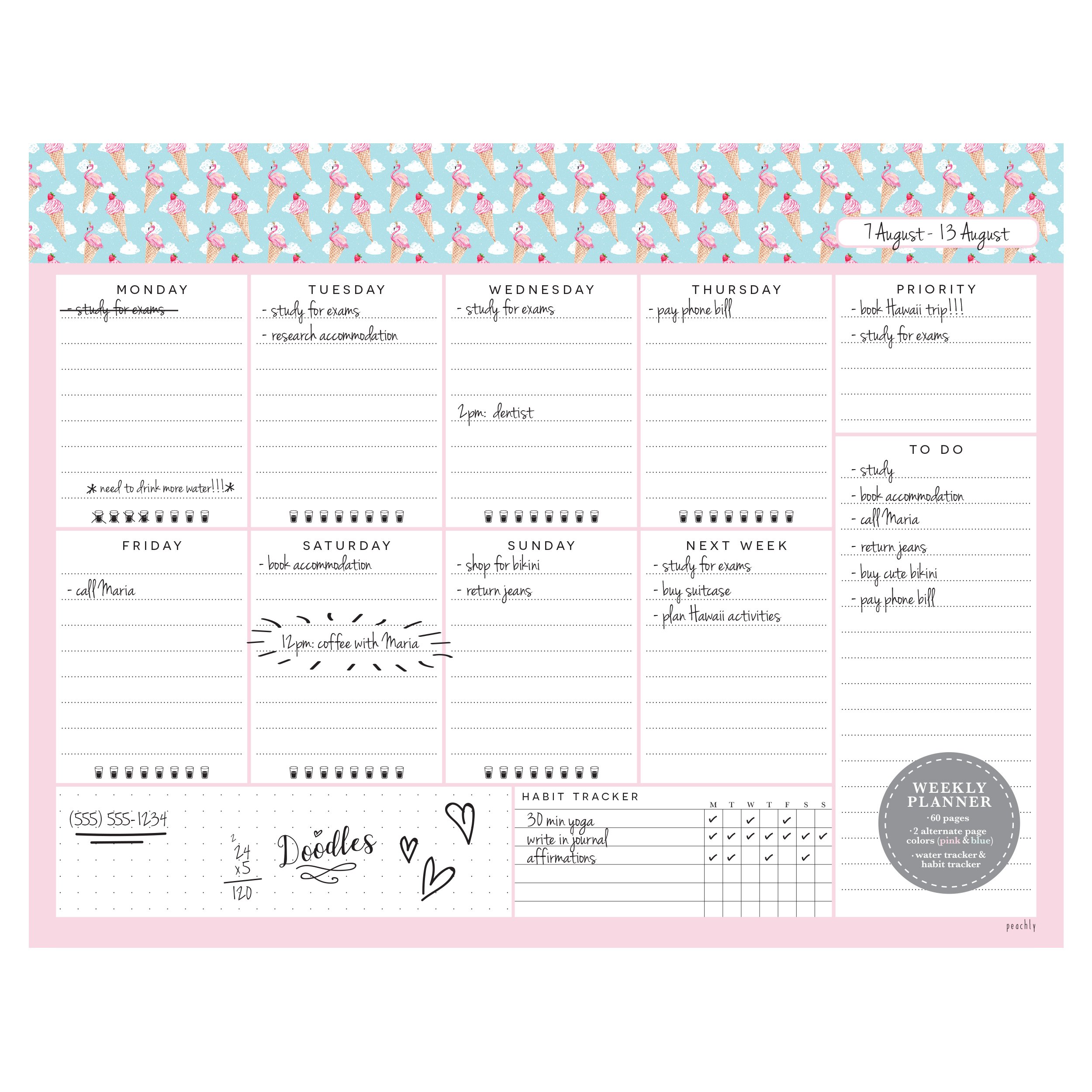 Undated Weekly Desk Planner Pad - 52 Pages To-Do List & Habit Tracker Notepad | Tear-Off Weekly Organizer for Office, School & Home (Ice Cream Design) - Perfect for Productivity, Goal Setting & Time Management