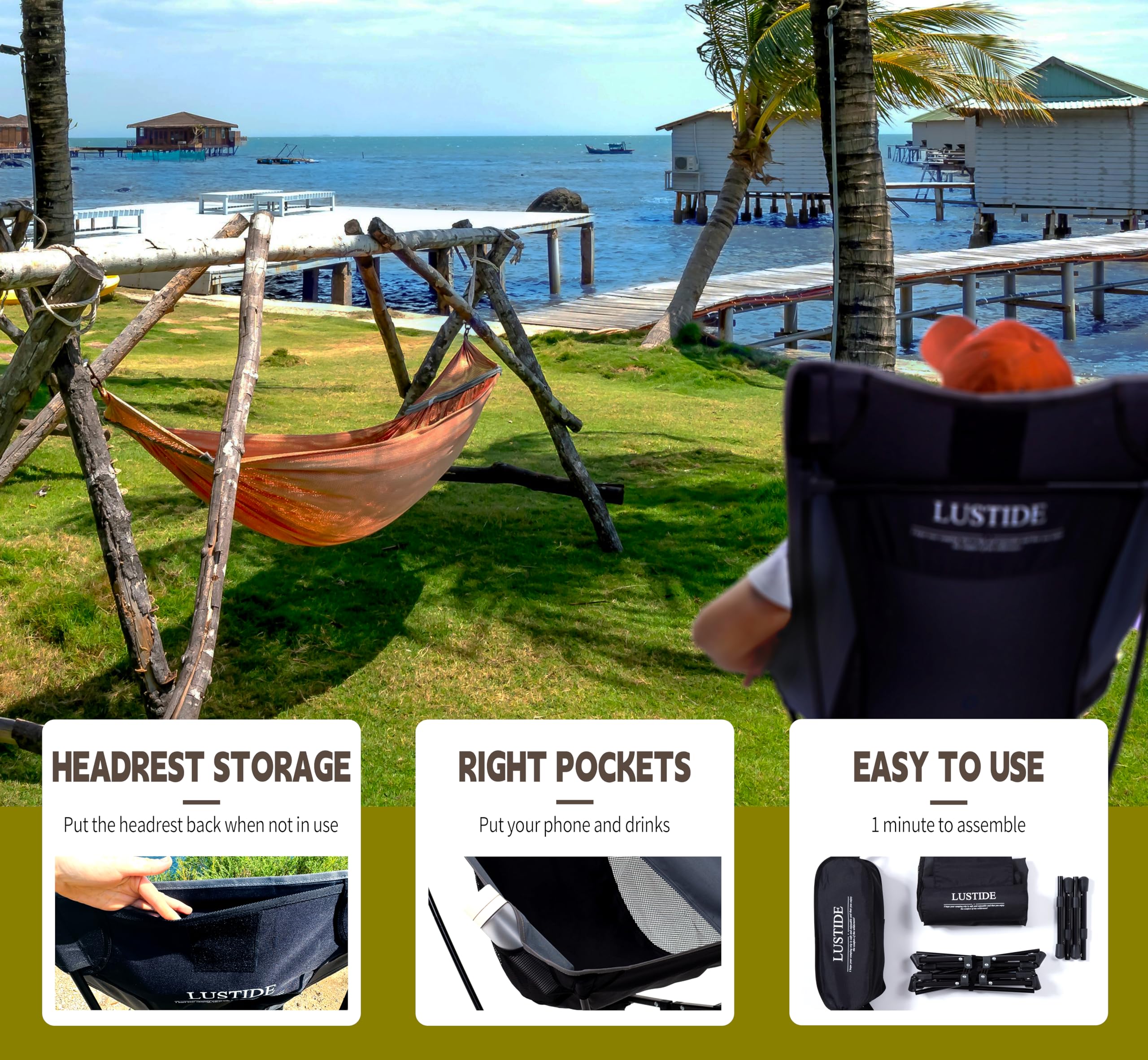 Heavy Duty Camping Chair with High Back Headrest - 380lb Capacity, Durable Aluminum Frame & 3-Way Adjustable Legs - Compact Folding Design with Carry Bag - Perfect for Camping, Beach, Hiking, Tailgating, Backyard & Outdoor Adventures