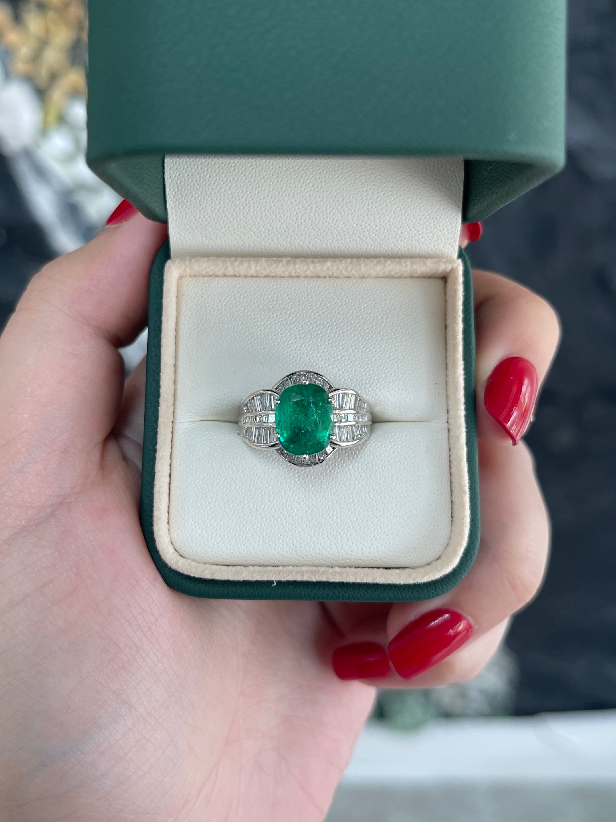 Antique 3.77 Carat Total Weight 18K White Gold Oval Cut Natural Emerald and Diamond Ring for Engagement, Wedding, Anniversary Gift