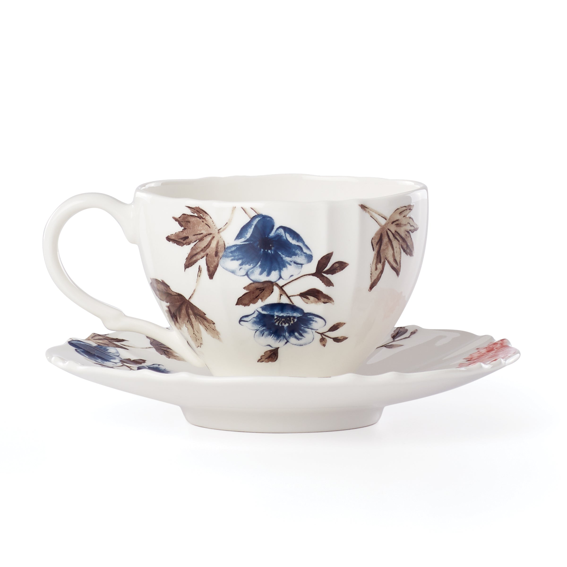 Sprig & Vine White Teacup and Saucer Set - Elegant Porcelain Tea Cup with Saucer for Afternoon Tea, Gifts, and Home Decor