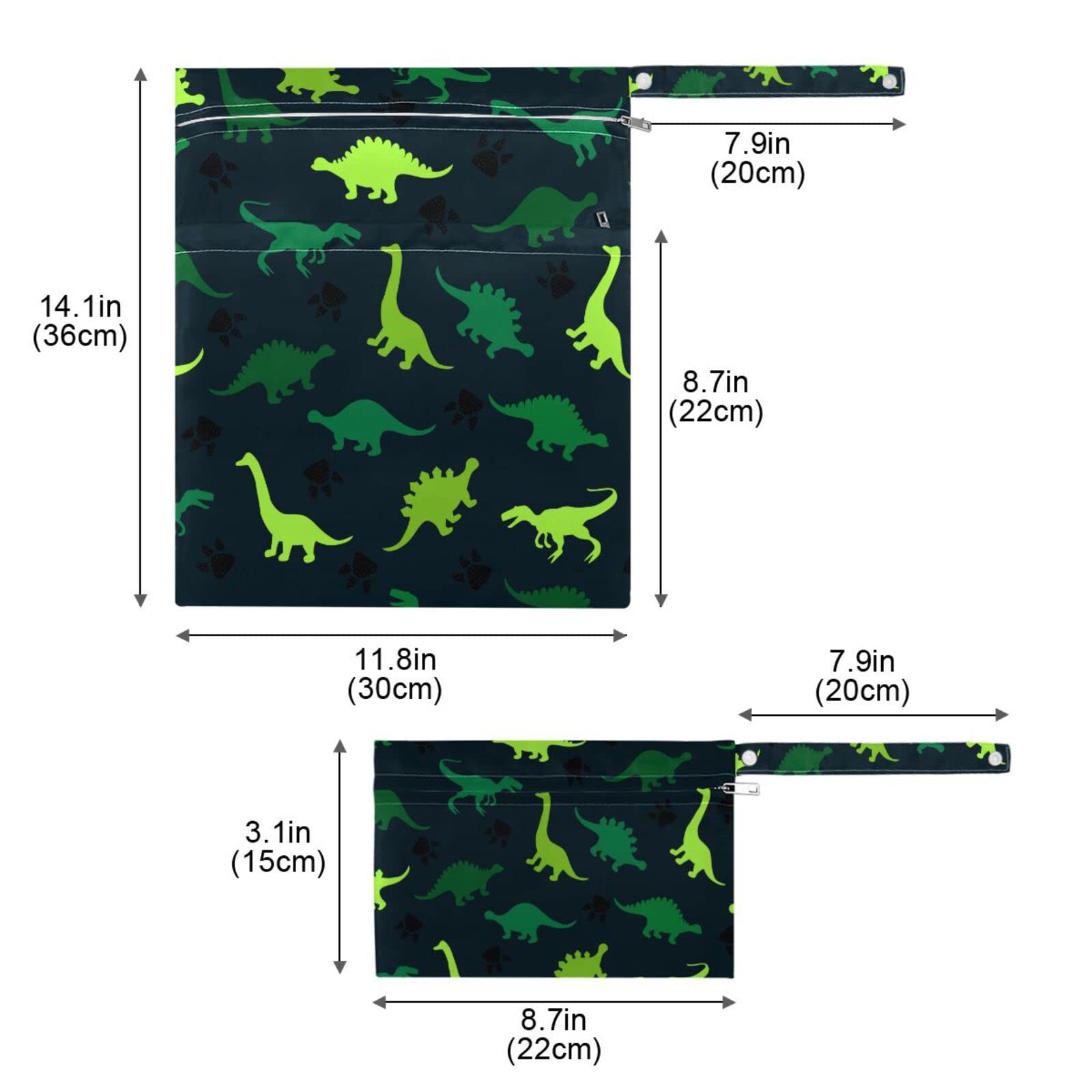Dinosaur Wet Dry Bags 2-Pack - Waterproof Reusable Cloth Diaper Storage for Travel, Gym & Baby Essentials | Perfect for Diaper Bags, Swim Gear & Dirty Laundry Organization