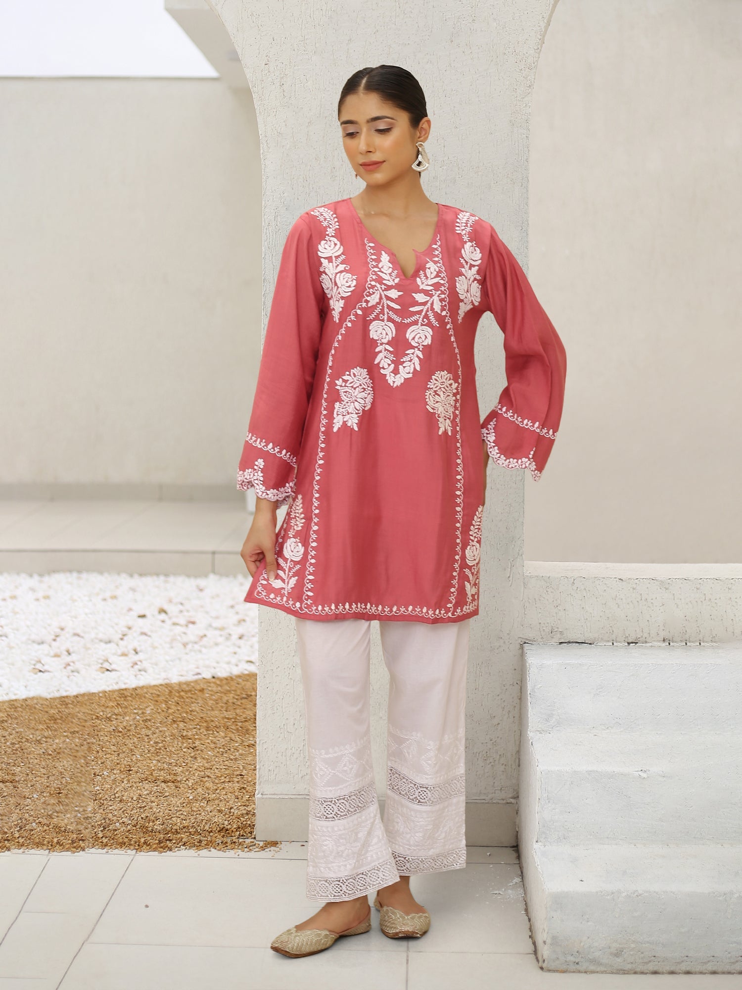 Elegant Saba Chikankari Short Kurta in Soft Modal Silk - Pink | Traditional Indian Ethnic Wear for Women | Perfect for Festivals, Weddings & Casual Outings