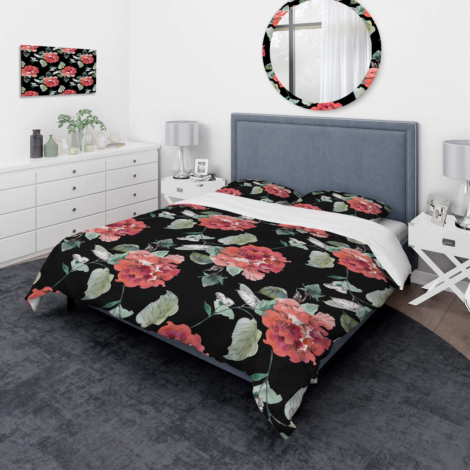 DesignQ Red Rose on Black Background Nautical & Coastal Duvet Cover Set - Twin Size Floral Bedding (3-Piece) for All Seasons | Perfect for Beach House, Guest Room & Coastal-Themed Decor
