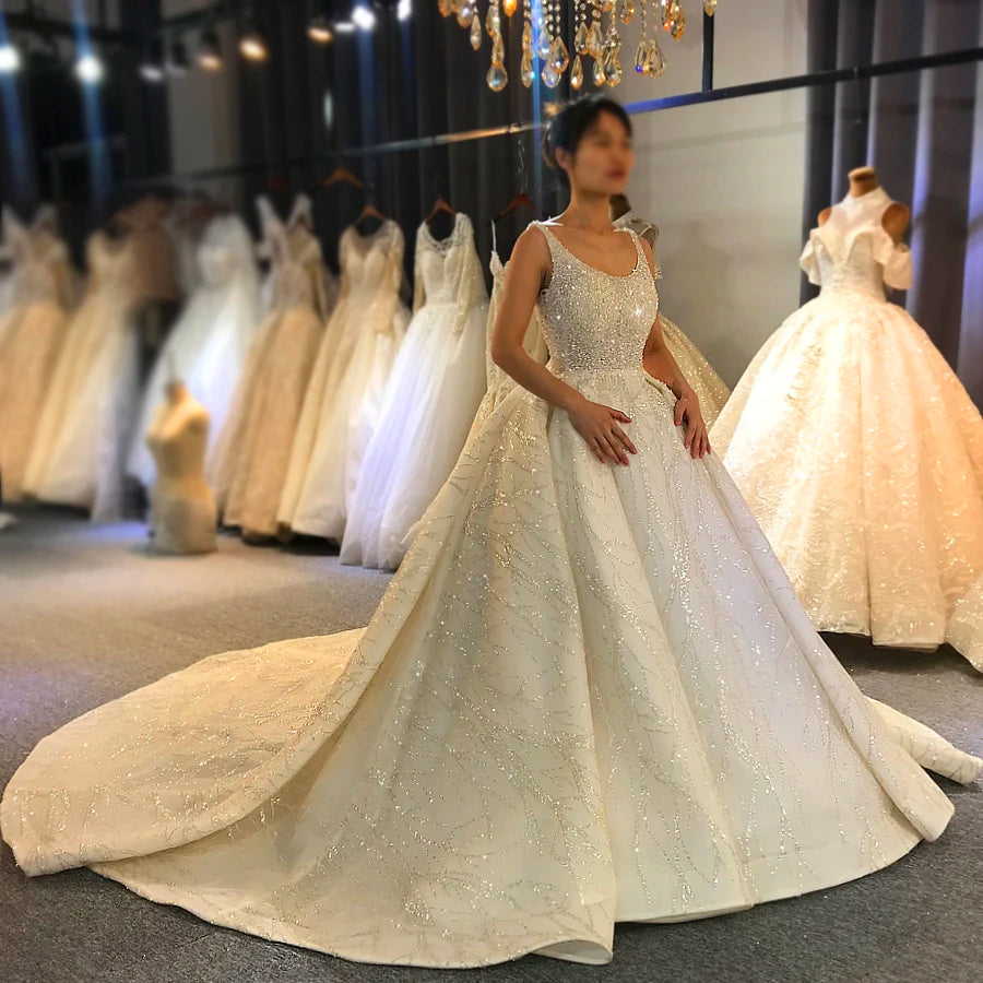 Elegant Beaded Sleeveless Ball Gown Wedding Dress - Luxury Bridal Gown with Full Crystal Embellishments for Bride, Prom, Quinceañera & Formal Events