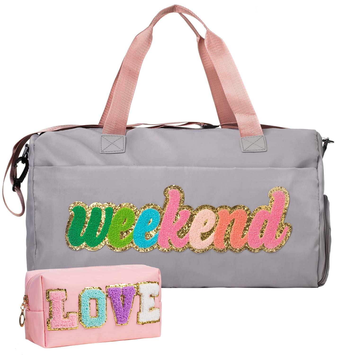 2 Pcs Women's Travel Weekender Bag with Shoe Compartment - Overnight Duffel, Gym & Hospital Toiletry Bag - Preppy Chenille Letter Design for Sleepovers, Weekend Getaways & Workouts