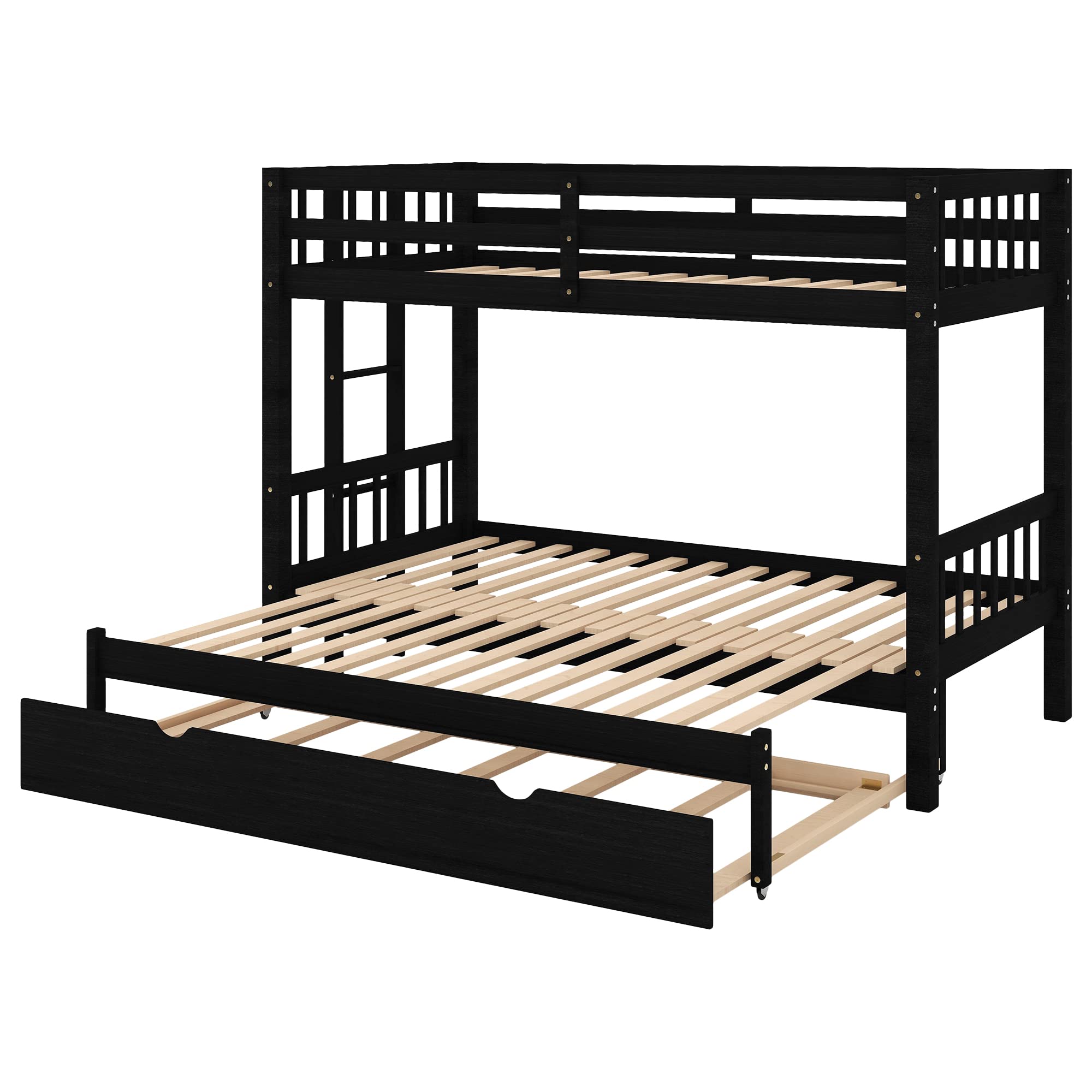 Twin Over Twin Bunk Bed with Trundle - Expandable Wooden Bunk Bed Frame for Kids - Convertible Bottom Bed to Twin/Double - Includes Ladder & Safety Rail - Espresso Finish - Perfect for Small Bedrooms, Guest Rooms & Kids' Shared Spaces