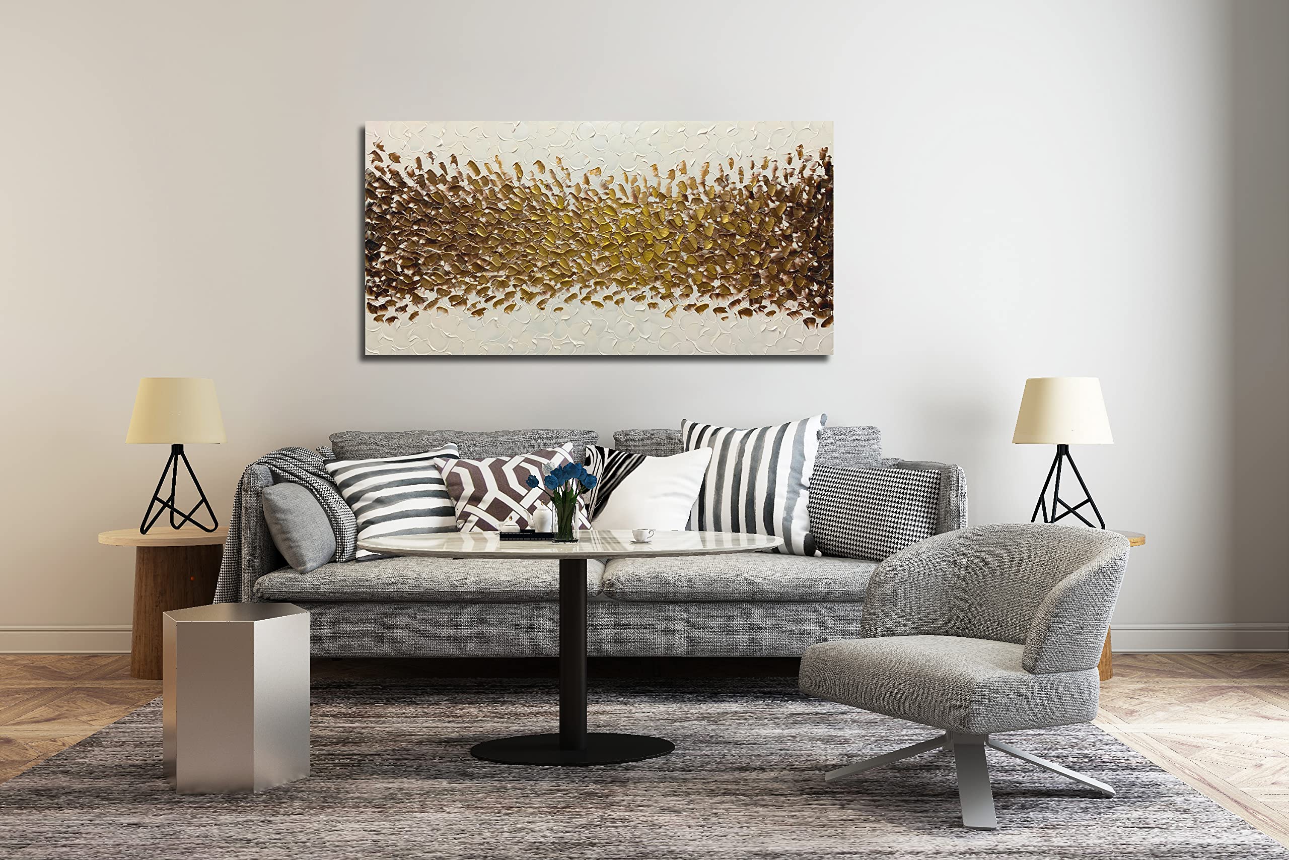 AZAVY 24x48 Inch Hand-Painted Gold Cream White Abstract Oil Painting - Textured Contemporary Wall Art - Stretched & Framed Canvas Ready to Hang - Perfect for Dining Room Decor, Living Room, Office & Modern Interior Design
