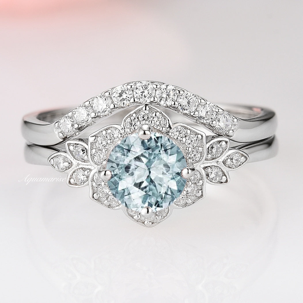 Elegant Sterling Silver Jasmine Aquamarine Ring Set for Women - Perfect for Weddings, Anniversaries & Special Occasions