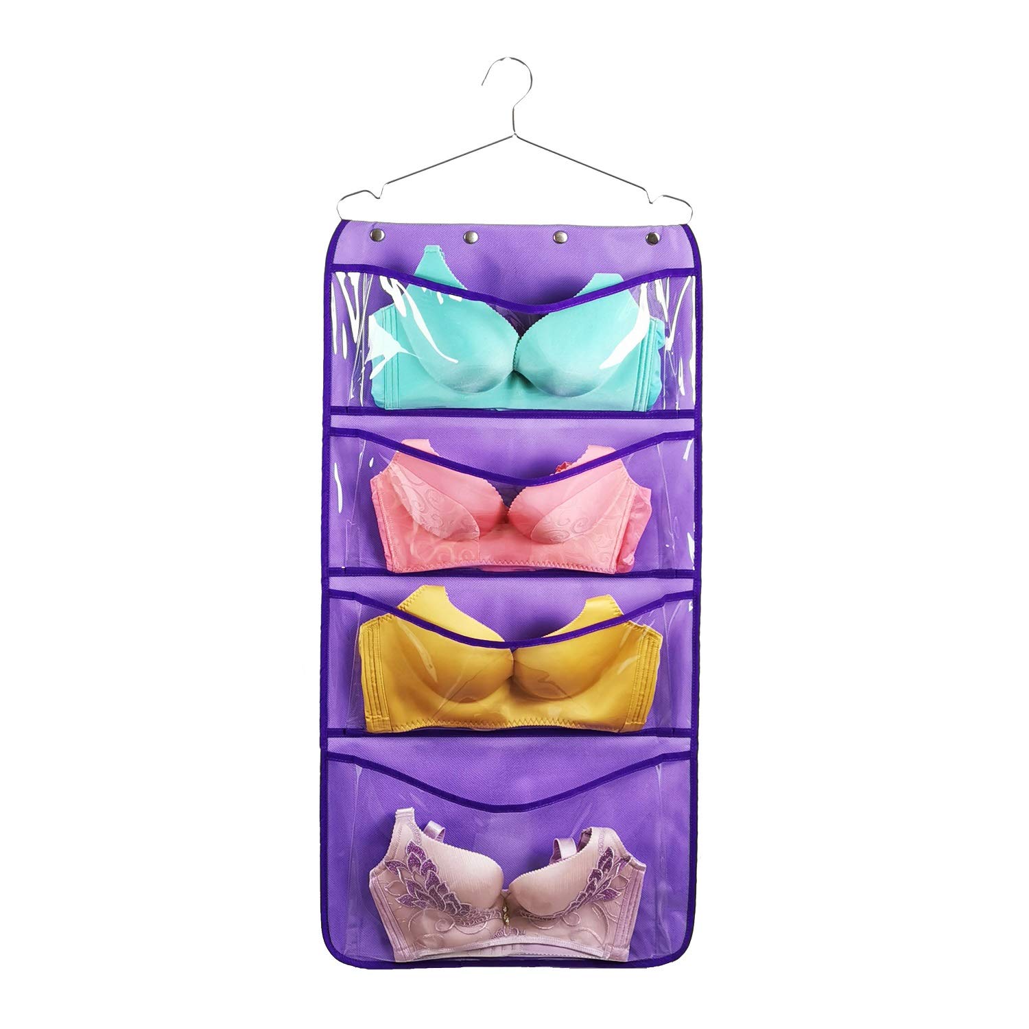 Durable Dual-Sided Hanging Closet Organizer with 12 Large Clear Pockets - Perfect for Underwear, Socks, Bras & Stockings Storage - Space Saving Closet Accessory (Purple) - Ideal for Bedroom, Dorm & Travel Organization