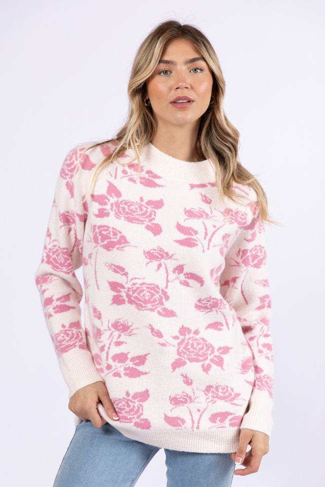 Feeling Like Love Ivory and Pink Floral Crew Neck Sweater for Women | Soft Knit Pullover | Perfect for Date Nights & Casual Outings