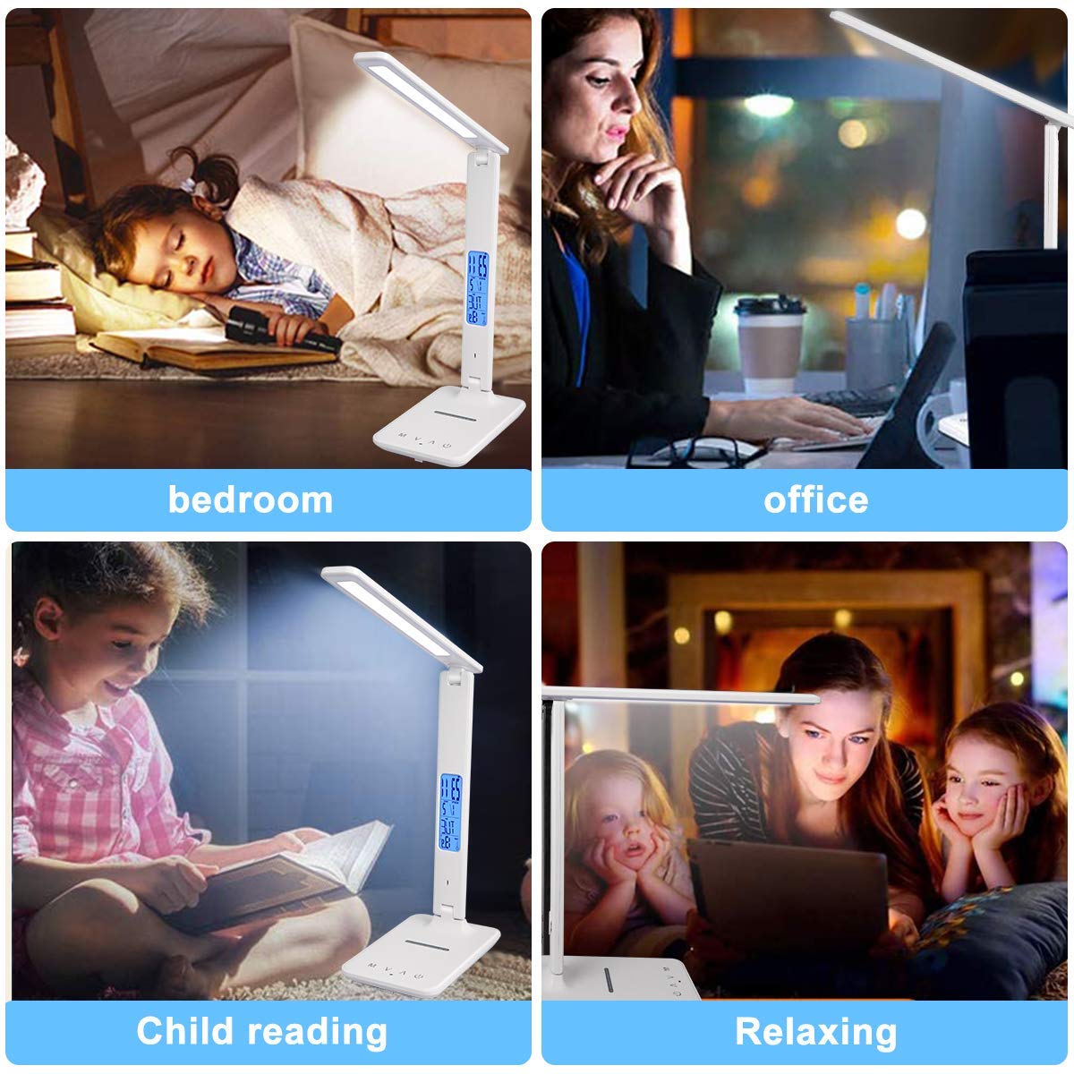 LED Desk Lamp with Wireless Charger & USB Port - Dimmable Office/Home Study Lamp with Built-in Clock, Calendar, Thermometer & Timer - Perfect for Reading, Working & Nightstand Use