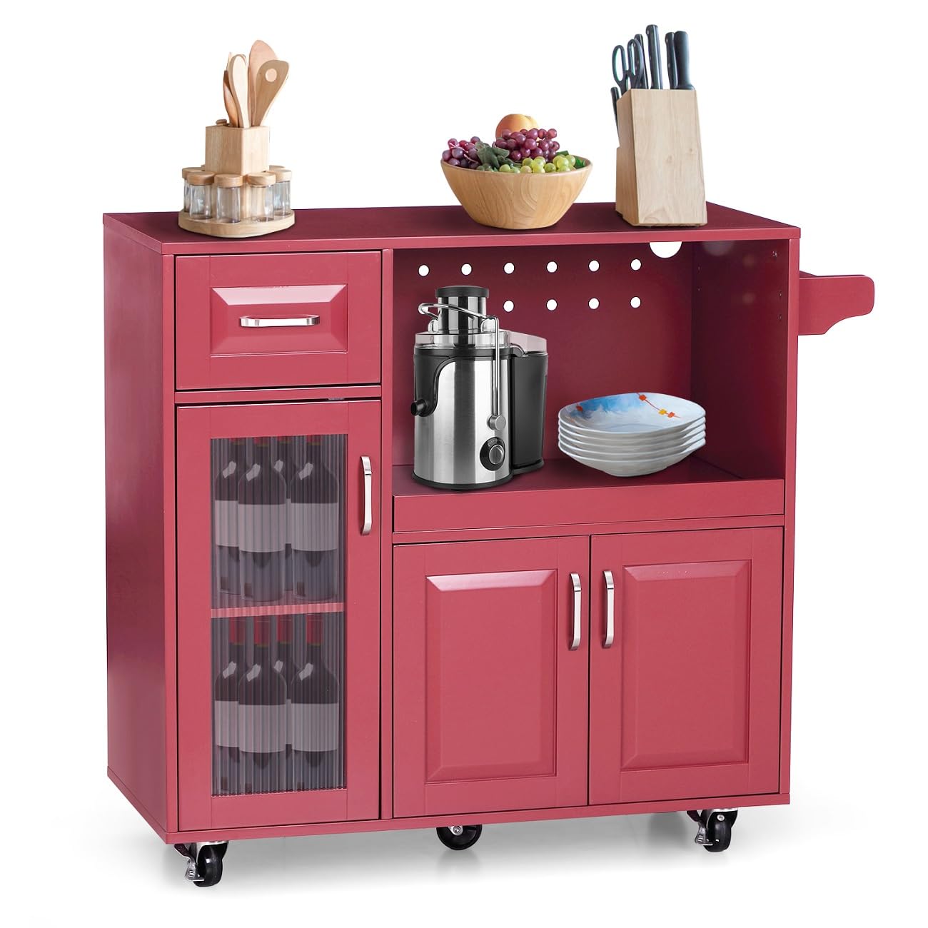 MFSTUDIO Rolling Kitchen Island Cart with Wheels - Mobile Kitchen Trolley with Extendable Shelf, 2 Drawers & Towel Rack - Portable Storage Cart for Small Spaces, Dining Room & Apartment Kitchen (Burgundy Red) - Perfect for Extra Counter Space & Organization
