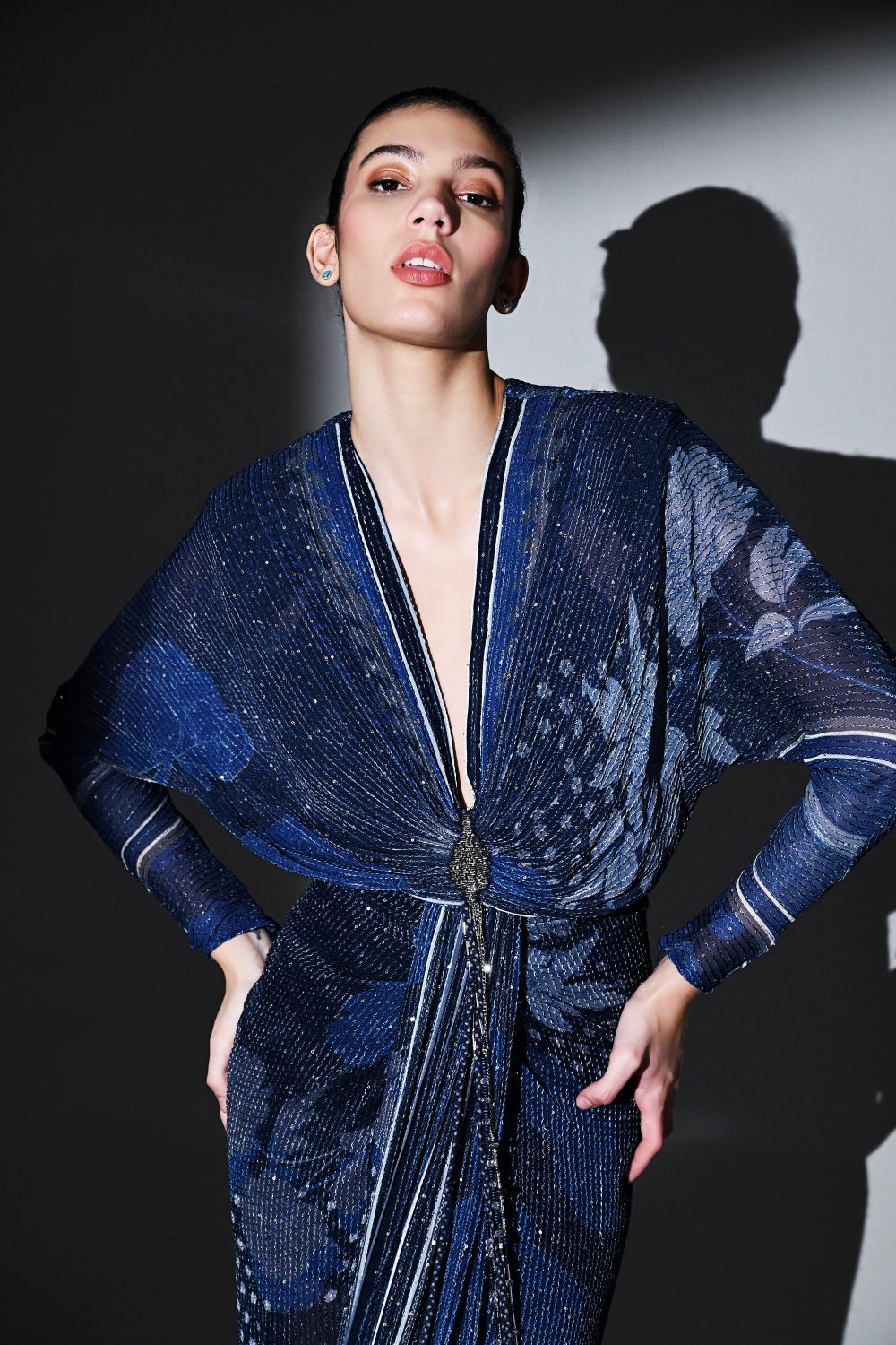 Elegant Midnight Star Draped Dress for Women - Formal Evening Gown for Parties, Prom, and Special Occasions