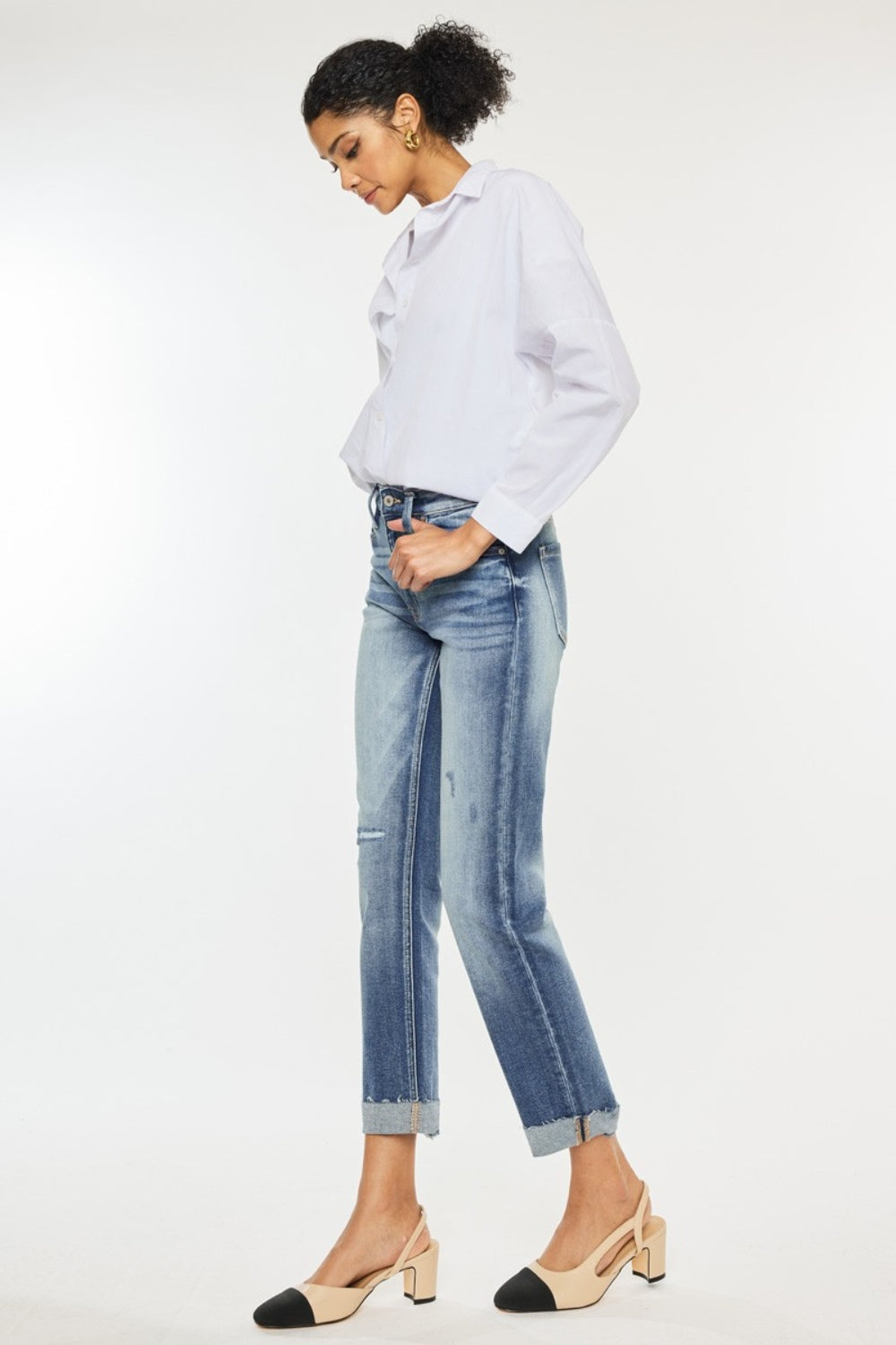 Kancan Women's High Rise Cuffed Straight Leg Jeans - Comfortable Stretch Denim Pants for Casual Wear & Everyday Outfits