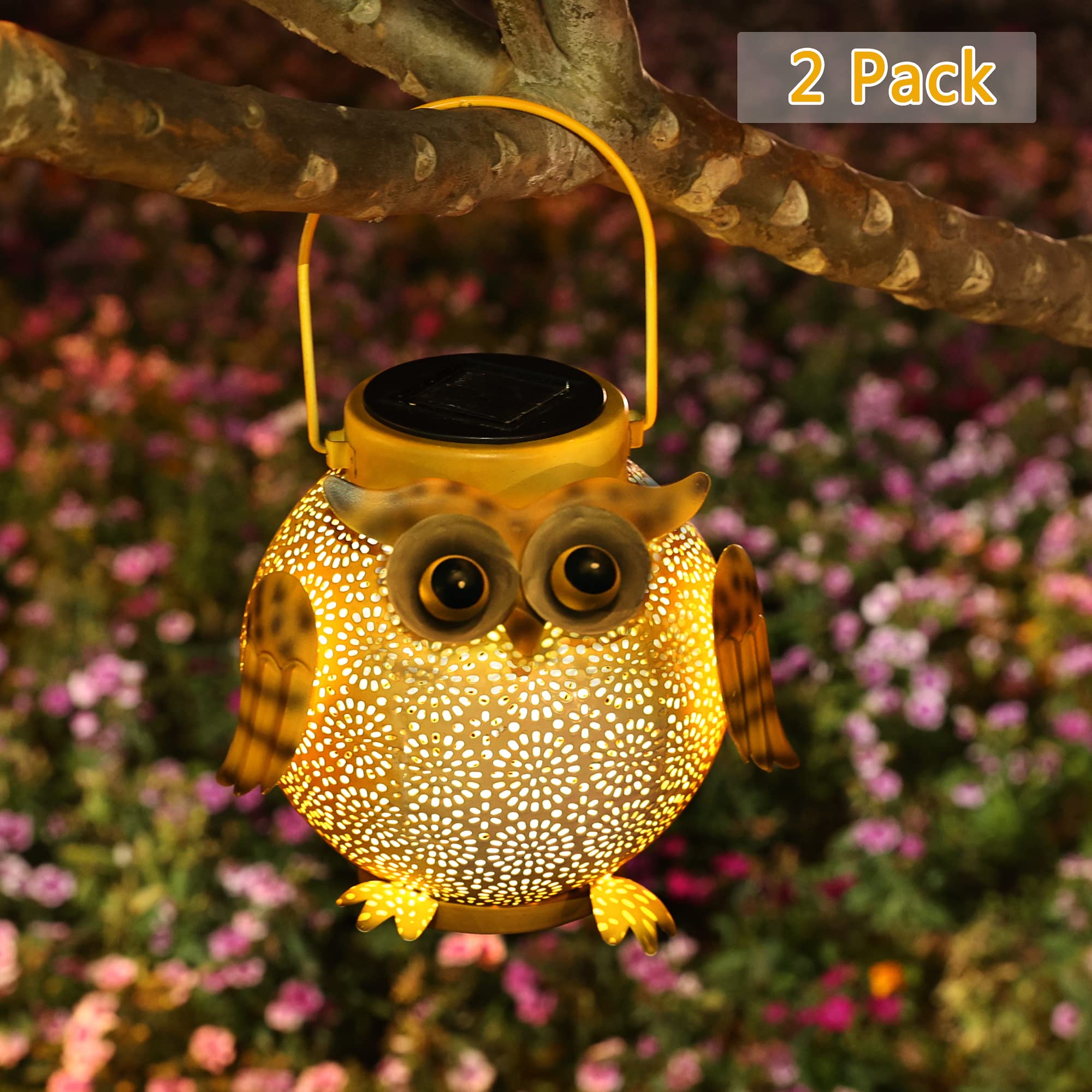 2 Pack Solar Hanging Lanterns - Waterproof Metal Outdoor Garden Lights with Owl Design for Patio, Yard, Table, Pathway - Perfect for Decorative Lighting & Ambiance
