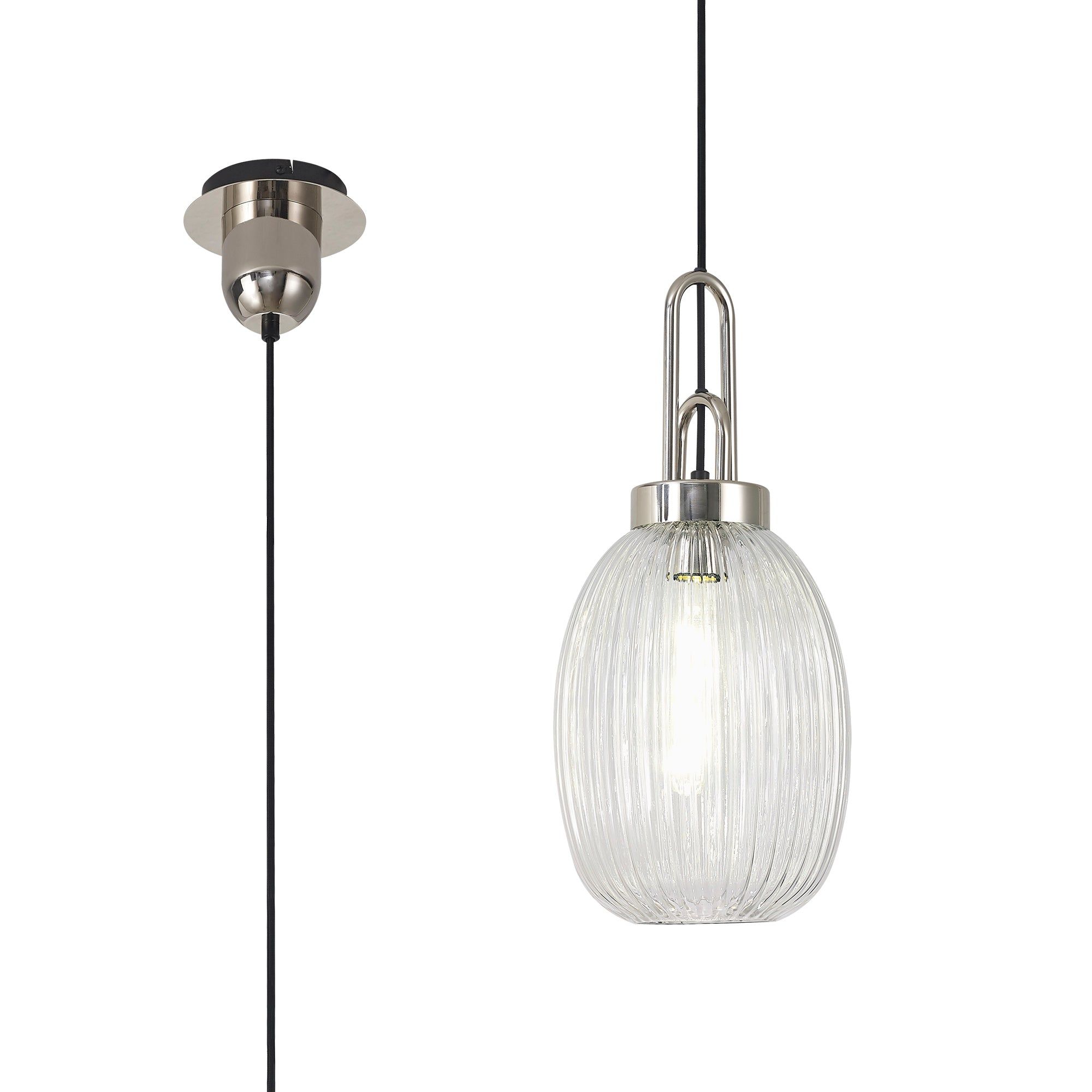 Cadiz 1-Light Pendant Light Fixture with 20cm Almond Ribbed Glass Shade, E27 Socket, IP20 Rated - Perfect for Kitchen Island, Dining Room, or Bedroom Lighting