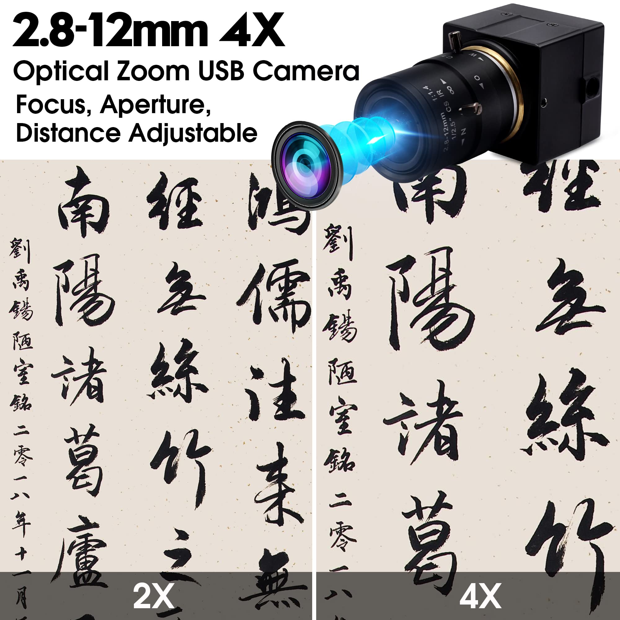 4K USB Webcam with 2.8-12mm 4X Varifocal Manual Lens - 2160P Ultra HD UVC Compliant Computer Camera for Video Conferencing, Live Streaming, OpenCV Support - Perfect for Zoom Meetings, Online Classes & Content Creation