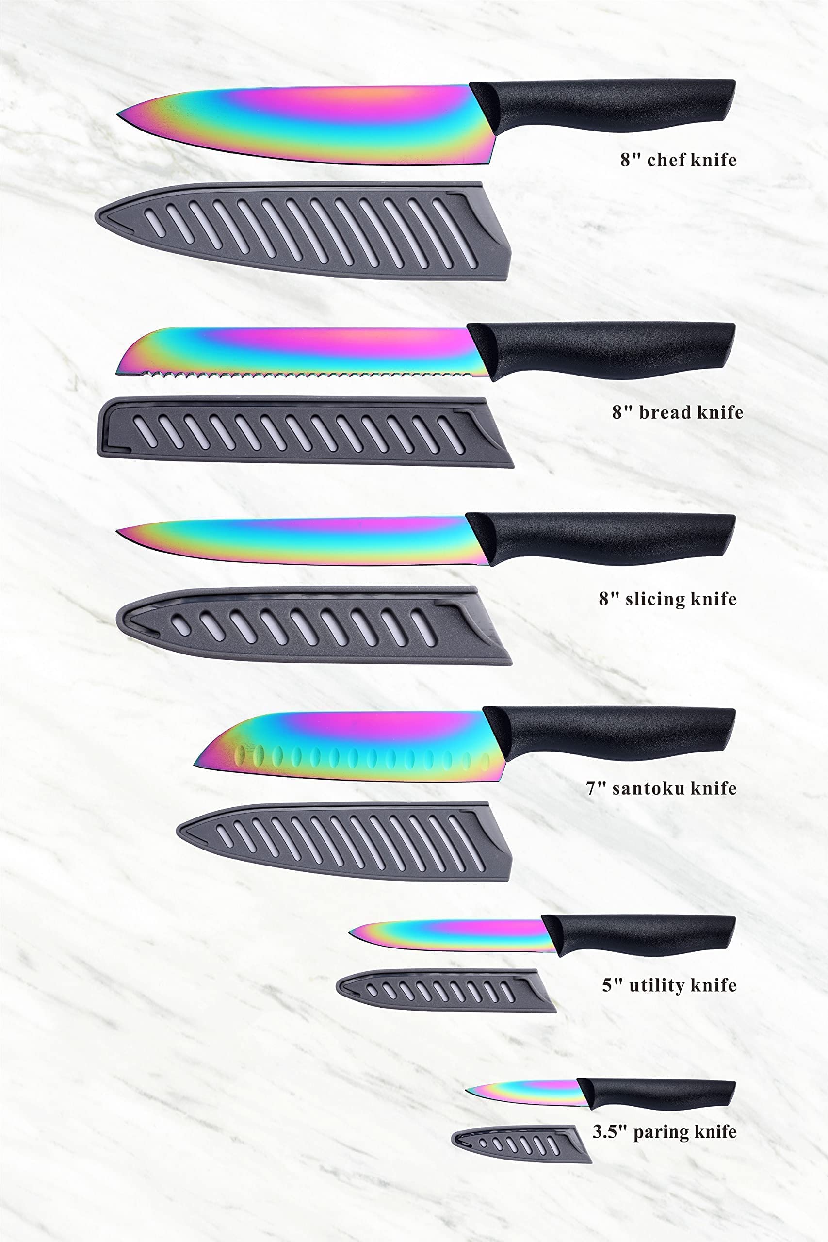 KYA36 Rainbow Titanium 12-Piece Stainless Steel Kitchen Knife Set with Sheath & KYA52B 7-Piece Titanium-Plated Cooking Utensil Set - Professional Cutlery for Home Chefs, Perfect for Cooking, Slicing, and Food Prep