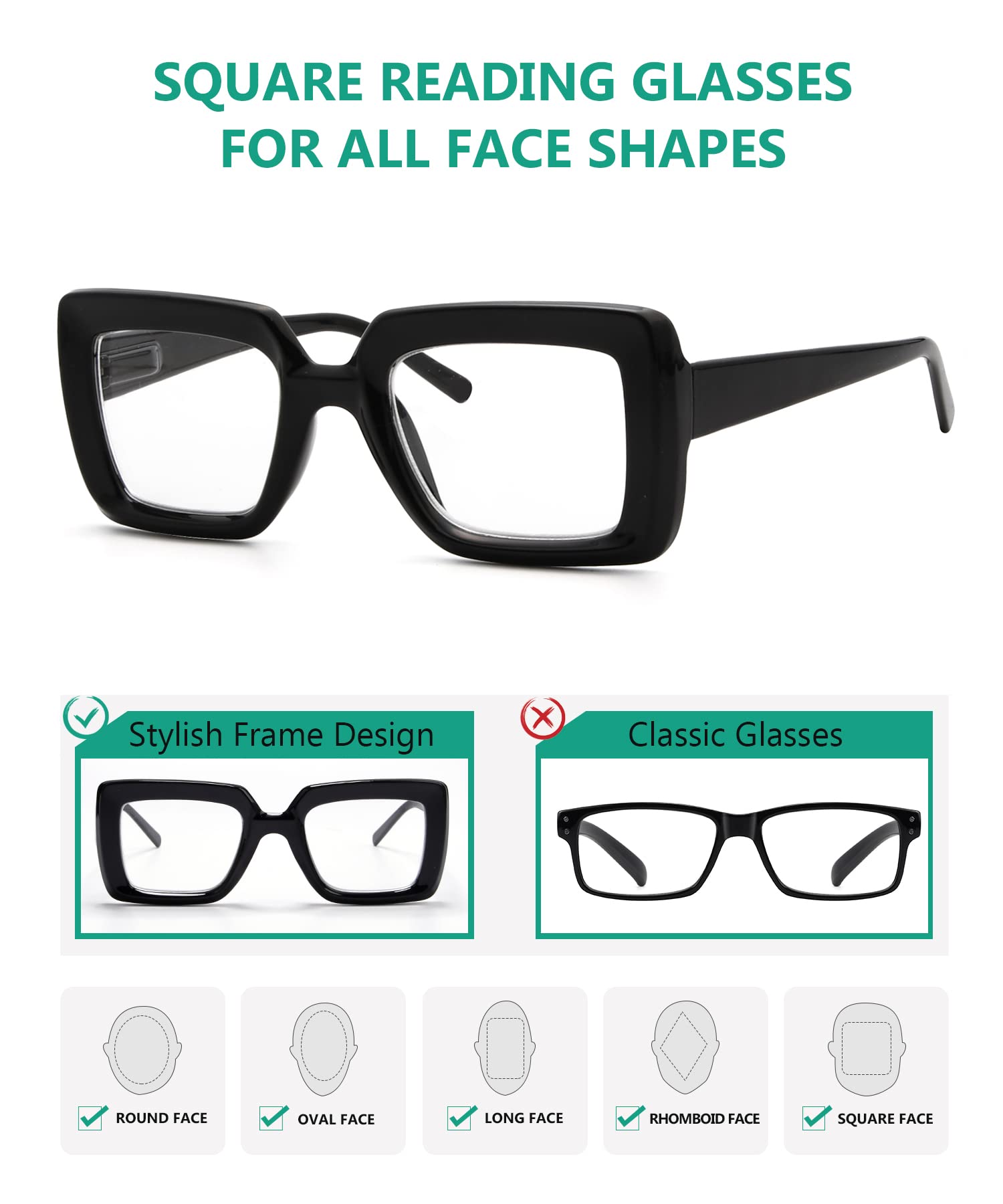 Stylish Square Reading Glasses for Women - Large Frame Readers with Blue Light Blocking - Perfect for Computer Work, Reading & Office Use