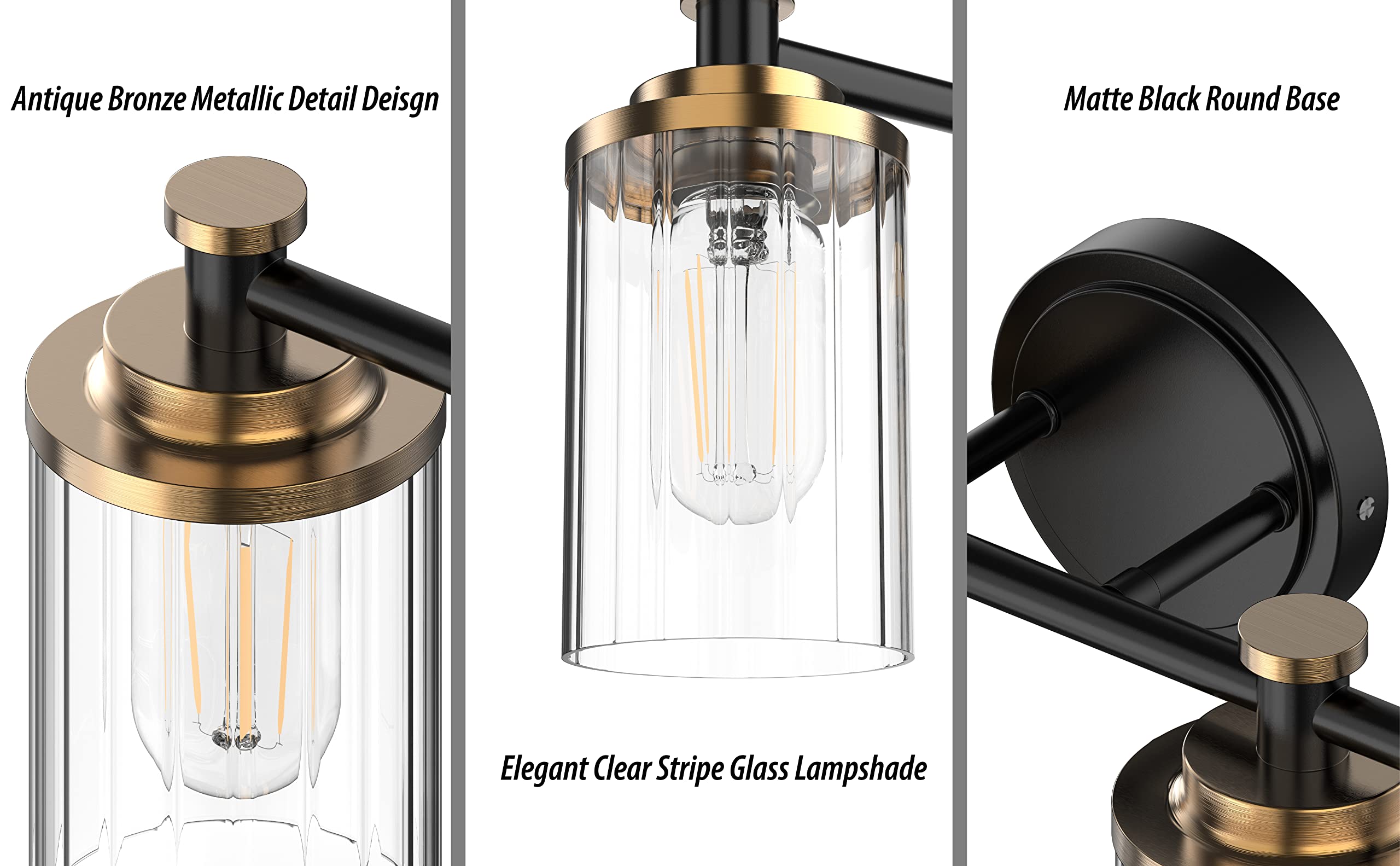 Black and Gold Bathroom Vanity Light Fixture - 4-Light Cylindrical Clear Striped Glass Lampshade with E26 Socket Base - Modern Over Mirror Lighting for Bathroom, Powder Room & Dressing Area