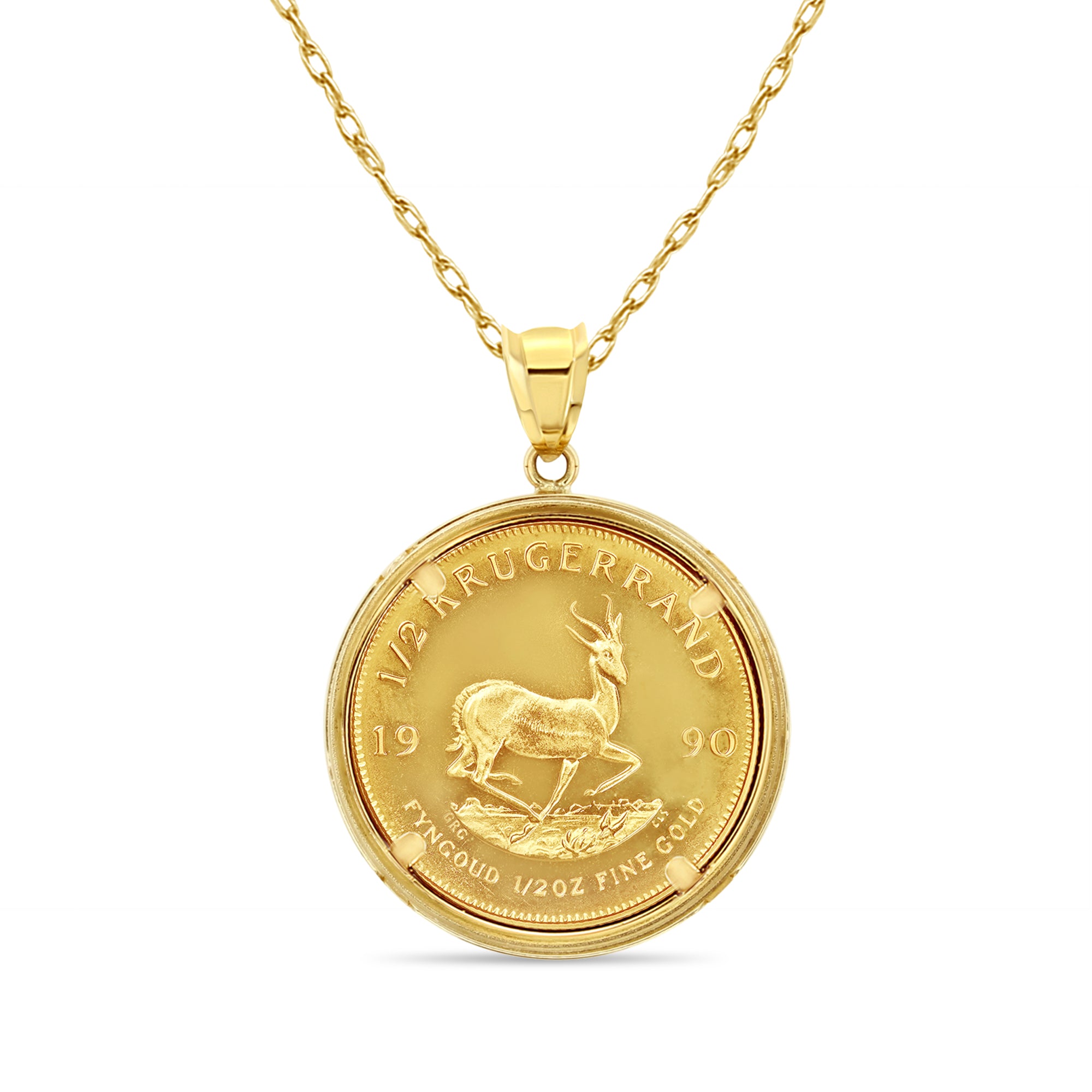 1/2OZ Fine Gold South African Krugerrand Coin Necklace with Polished Halo - Elegant Jewelry for Women, Perfect Gift for Anniversary, Birthday & Special Occasions