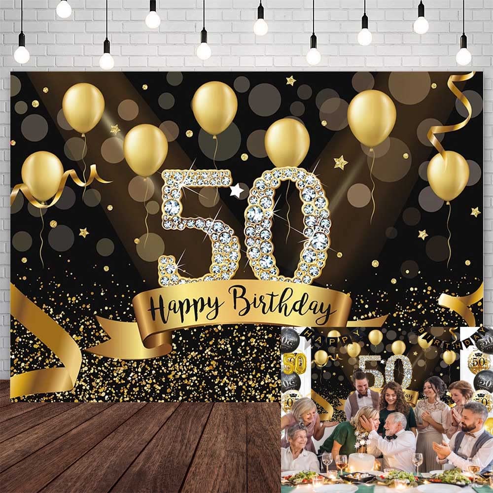Sendy 7x5ft Happy 50th Birthday Backdrop - Black & Gold Photo Booth Banner for 50th Birthday Party Decorations & Anniversary Celebrations | Perfect for Milestone Birthdays, Photoshoots & Event Backdrops