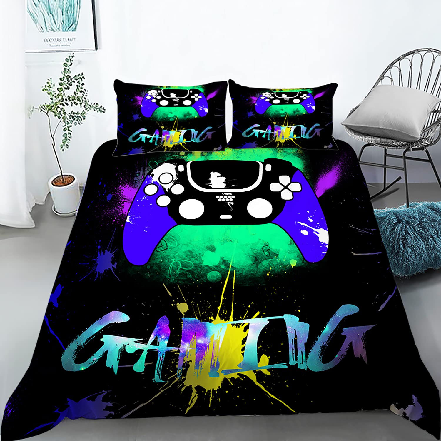 AILONEN Gaming Duvet Cover Set - Queen Size Modern Gamer Comforter Cover with Gamepad Design | Video Game Themed Bedding for Kids & Teens Boys | Perfect for Game Room Decor & Gaming Enthusiasts
