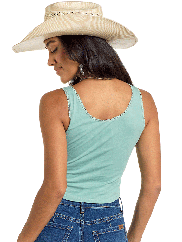 Rock & Roll Denim BW20T06279 Women's Embroidered Tank Top - Distressed Wash Green | Casual Summer Outfit, Music Festival Style, Boho Chic Look