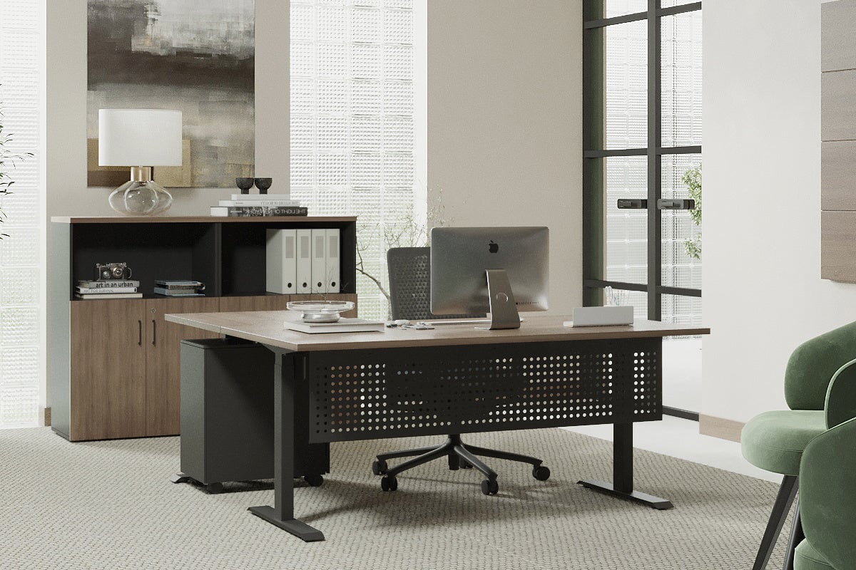 Adjustable Height Corner Workstation with Black Frame [1600L x 1450W] - Ergonomic Home Office Desk for Small Spaces & Modern Workspaces