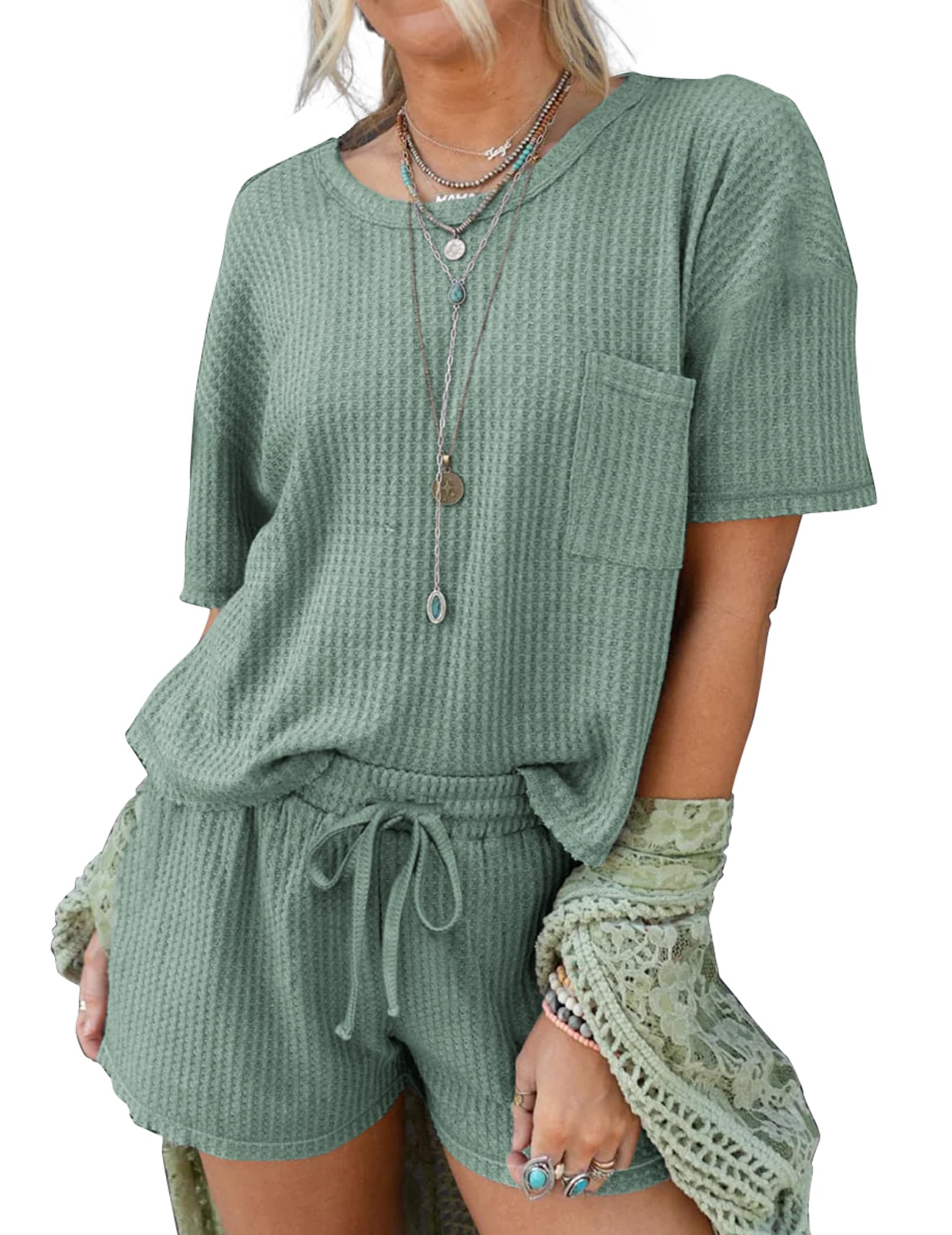 Andeip Women's Waffle Knit Pajama Set - Short Sleeve Top & Shorts 2-Piece Loungewear with Pockets | Soft Sleepwear, Cozy Home Outfit, Comfy Nightwear for Relaxing & Lounging at Home
