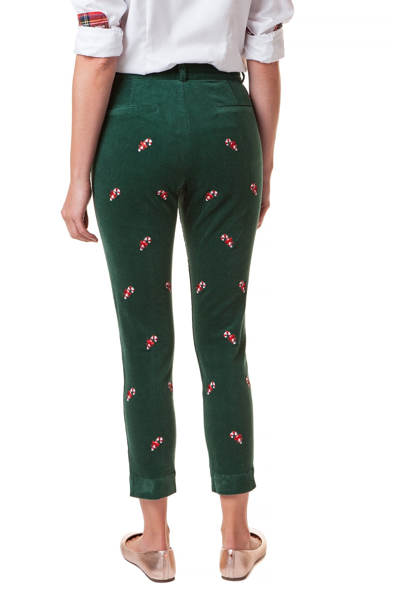 Stretch Corduroy Ankle Pants for Women - Beachcomber Capri Hunter with Candy Cane Design - Comfortable Casual Pants for Beach, Travel and Everyday Wear