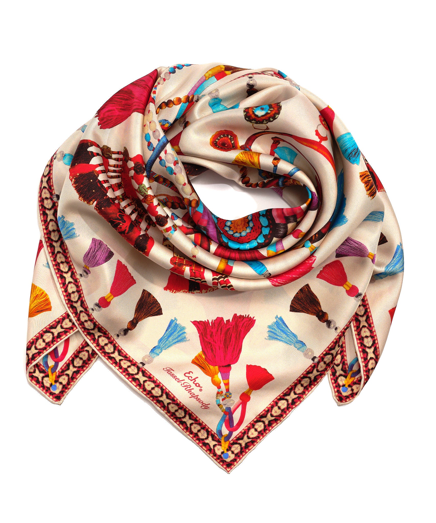 Tassel Rhapsody 35 Silk Square Scarf - Elegant Fashion Accessory for Women, Gift Wrapping & Home Decor | Perfect for Office, Party & Travel
