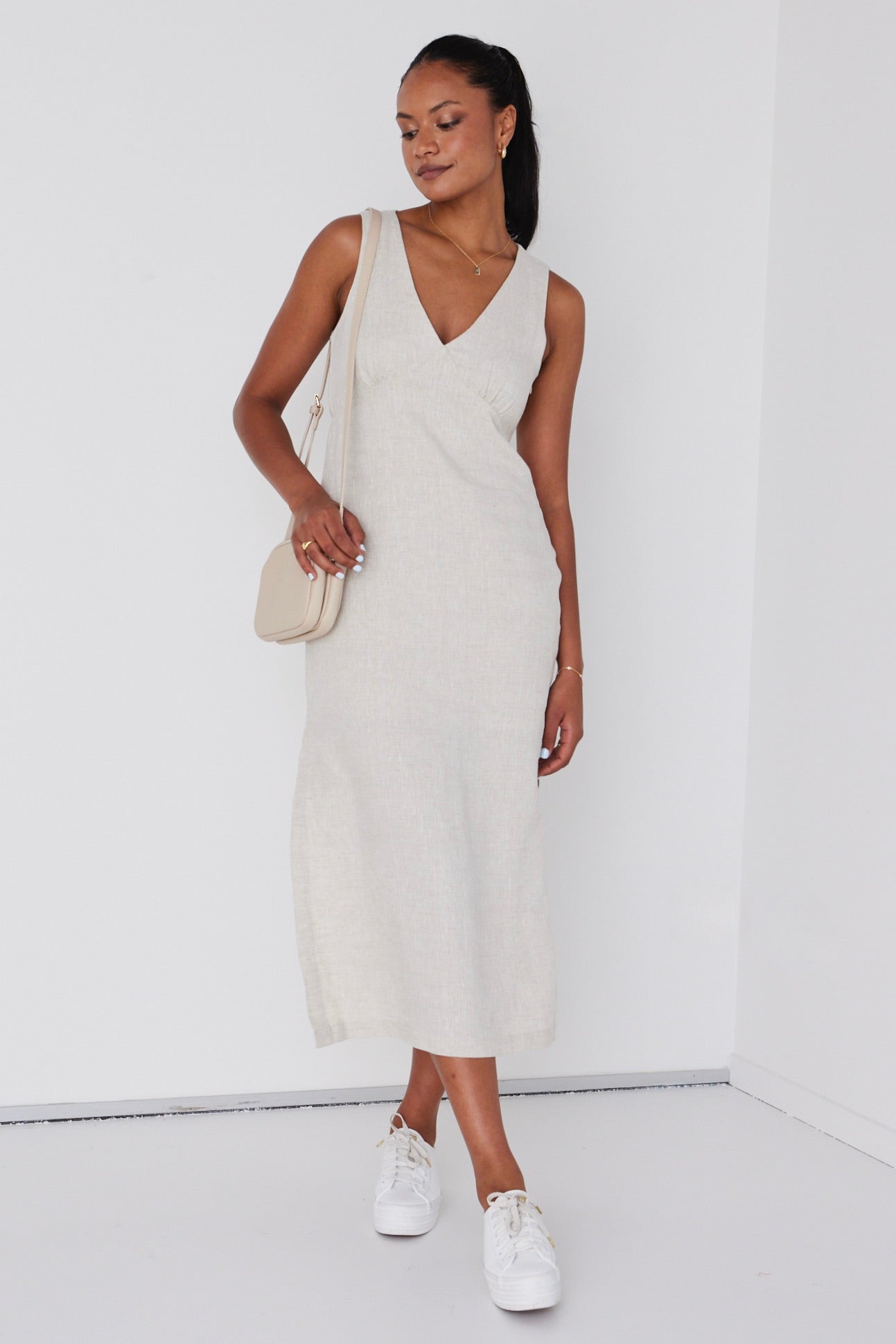 Azalea Natural Linen Sleeveless Empire Midi Dress - Women's Summer Boho Style Dress for Beach, Vacation & Casual Wear