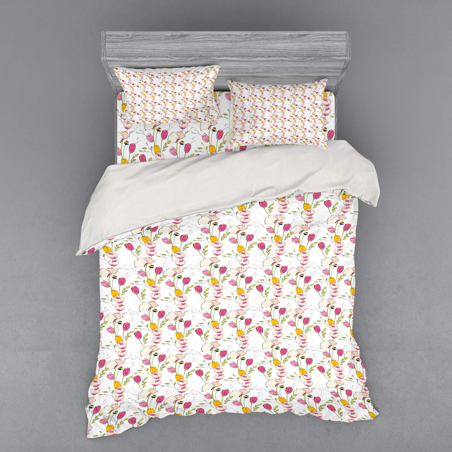 Ambesonne 4-Piece Queen Duvet Cover Set - Vibrant Tulip & Poppy Floral Design, Romantic Valentine's Day Bedding with Shams & Fitted Sheet | Perfect for Master Bedroom, Guest Room & Cozy Home Decor