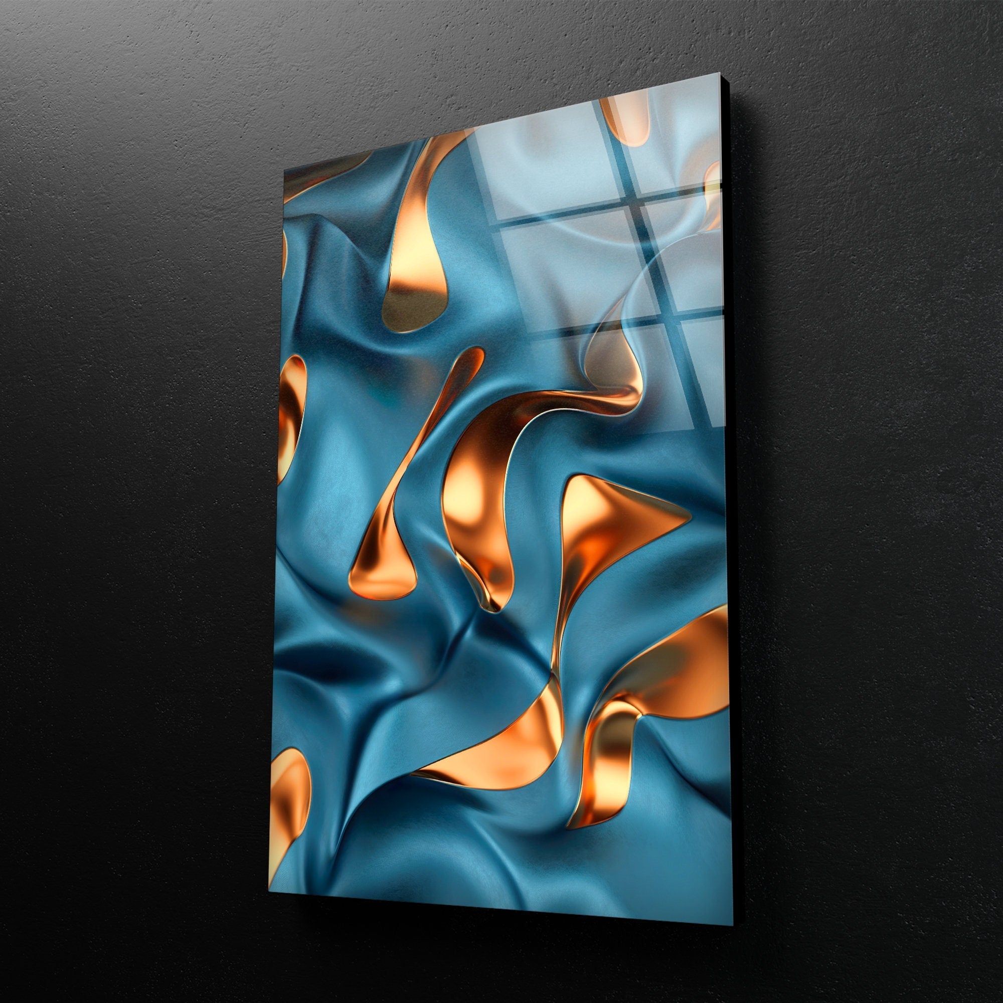 Abstract Bronze Blue Glass Wall Art - Modern Home Decor for Living Room, Bedroom & Office - Elegant Handmade Glass Panel for Stylish Interior Design