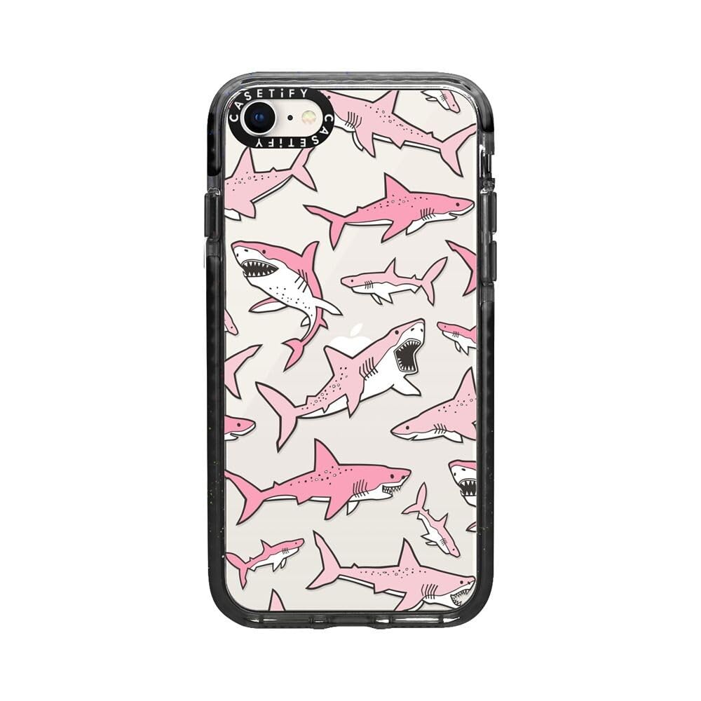 CASETiFY Impact Case for iPhone SE (2020/2022) & iPhone 7/8 - Shockproof Protective Phone Cover with Pink Sharks Design - Clear Black Case for Everyday Protection & Style