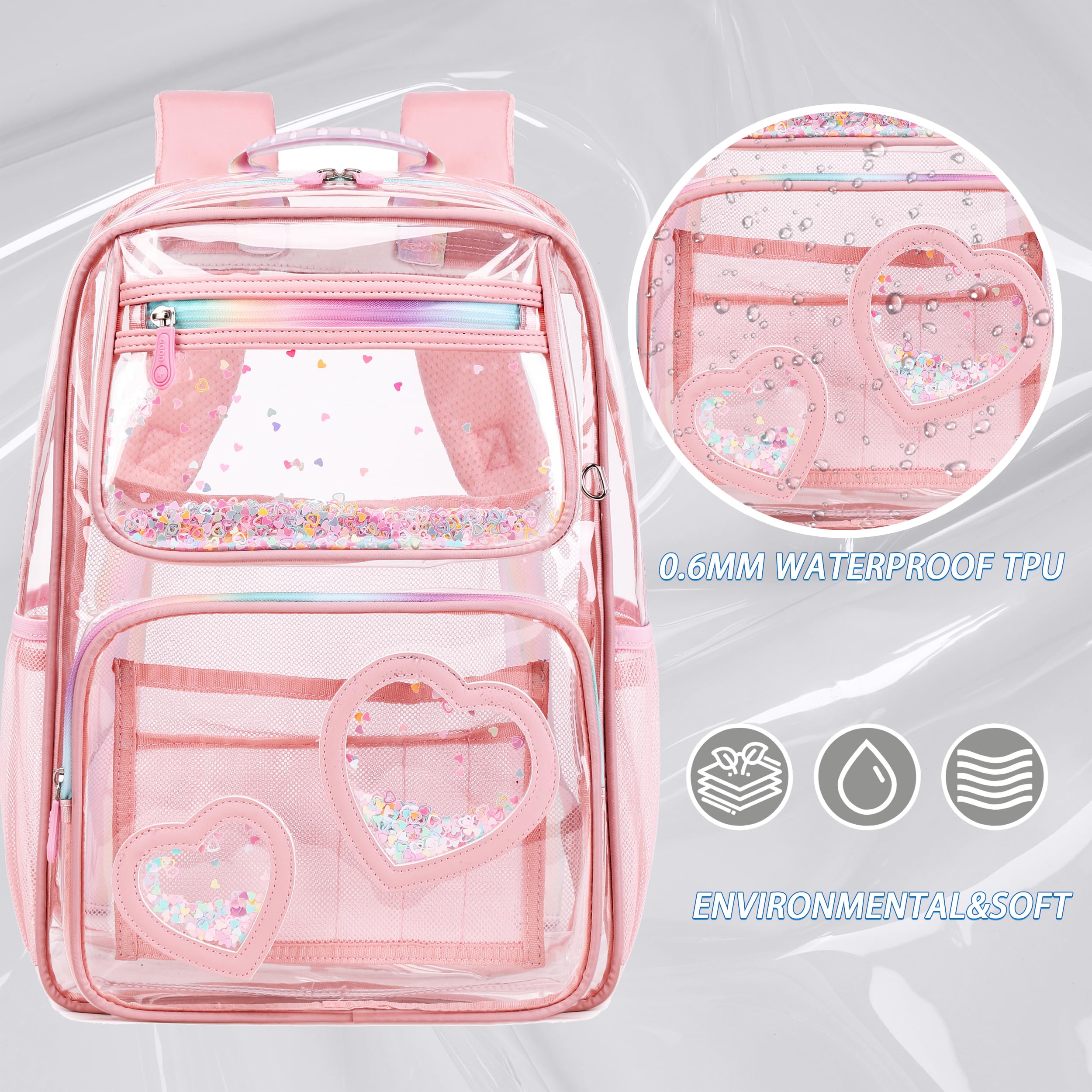 Caoroky Knight Clear Stadium Backpack - Heavy Duty TPU Transparent Bookbag for Women, Girls & Kids - Perfect for School, Travel, Sports Events & Concerts (Pink)