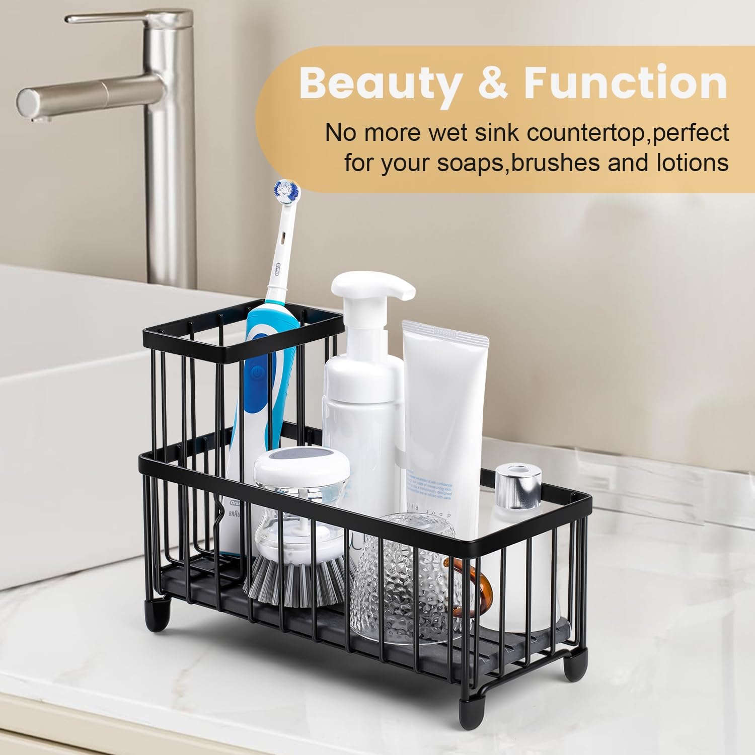 Wetheny Sponge Holder for Kitchen Sink - Sink Caddy with High Brush Holder & Quick-Dry Diatomaceous Earth Base - Countertop Soap Dispenser & Kitchen Organizer - Perfect for Dishwashing, Cleaning & Kitchen Storage Organization