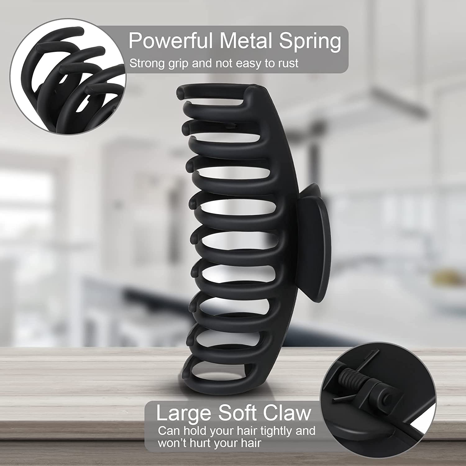 Large Hair Claw Clips for Women - 4.33 Inch Strong Hold Non-Slip Matte Hair Clips for Thin, Thick & Curly Hair (4 Pack, Black) - Perfect for 90s Retro Style, Work, Gym & Everyday Hairstyles