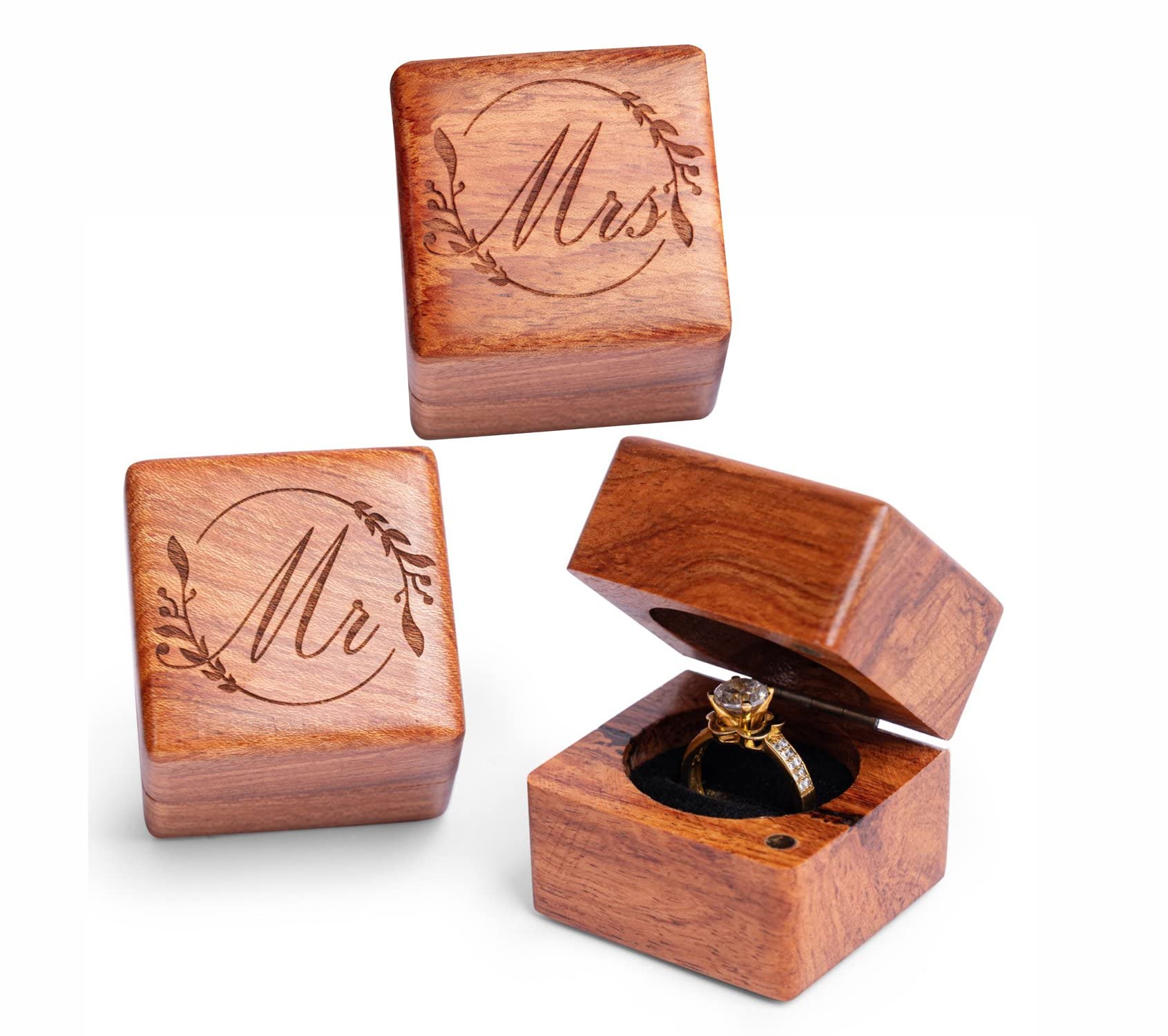 Handmade Wooden Wedding Ring Box Set - Engraved Rustic Ring Holder for Ceremony, Small Ring Storage Box with Floral Design (2 PCs) - Perfect for Proposals, Vows & Anniversary Gifts