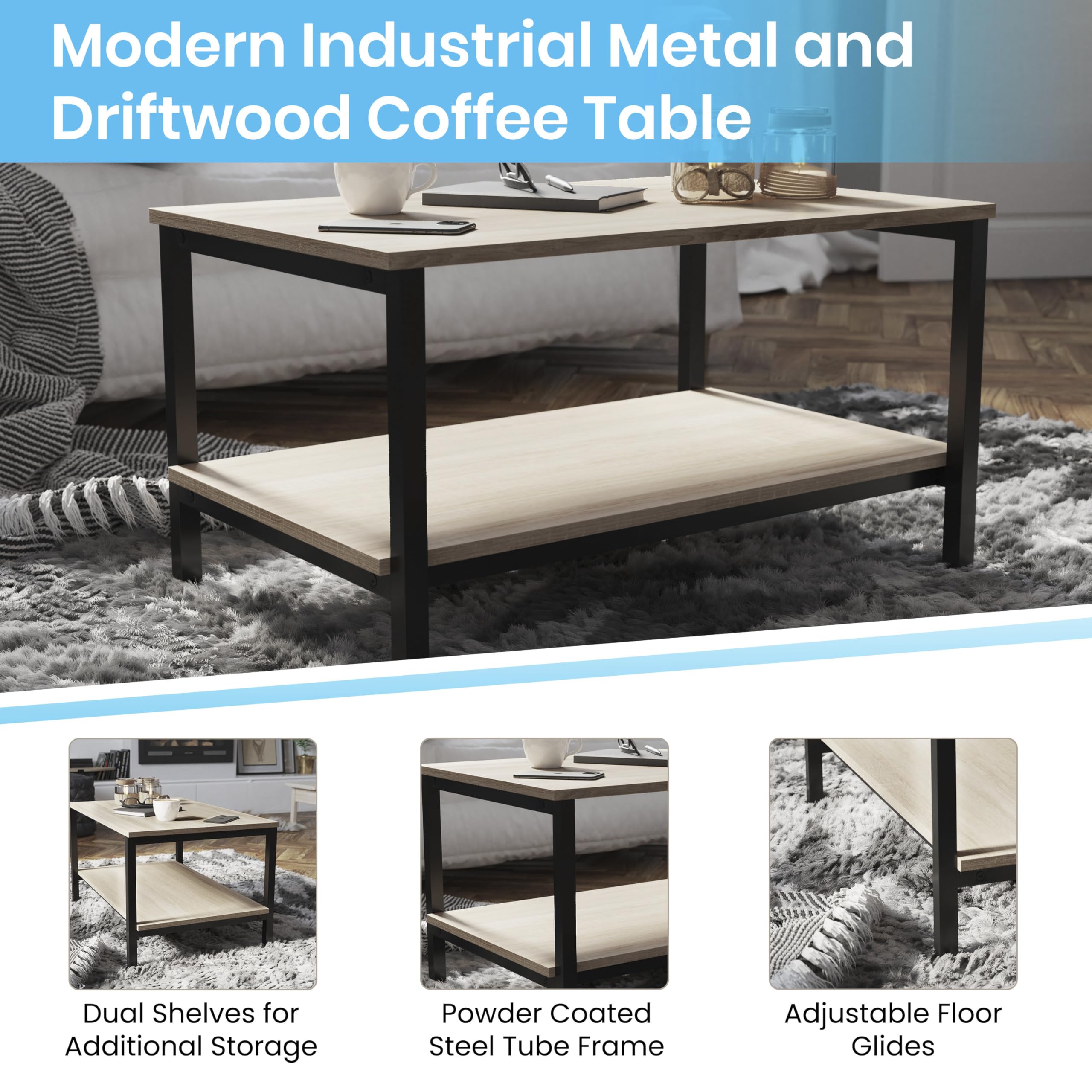 **Merrick Lane Bromwell Rustic Driftwood Coffee Table with Storage Shelves - Black Frame Modern Farmhouse Coffee Table for Living Room, Dining Room & Kitchen - Perfect for Small Spaces & Home Decor**