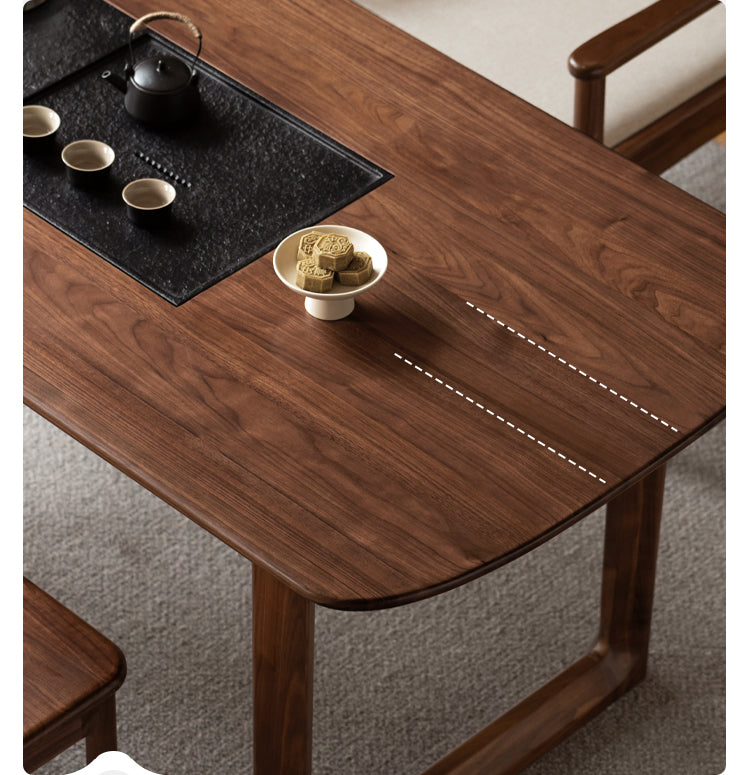 Premium Black Walnut Solid Wood Tea Table with Integrated Tray - Handcrafted Tea Serving Set for Living Room, Zen Meditation & Japanese Tea Ceremony