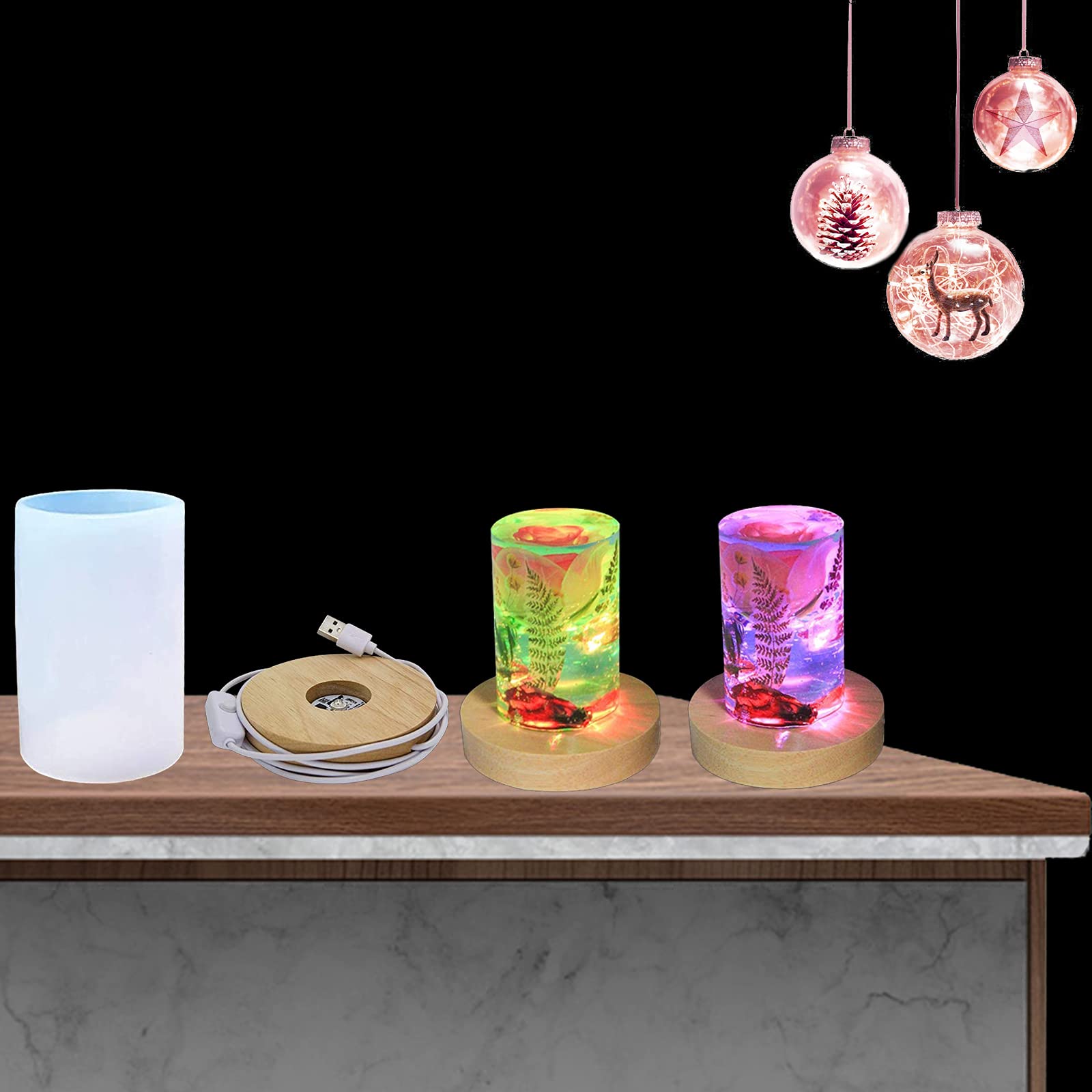Colorful LED Silicone Resin Mold for DIY Wax Candles - Cylinder Candle Mold with Wooden Lighted Base Stand - Perfect for Home Decor, Wedding Centerpieces & Holiday Gifts