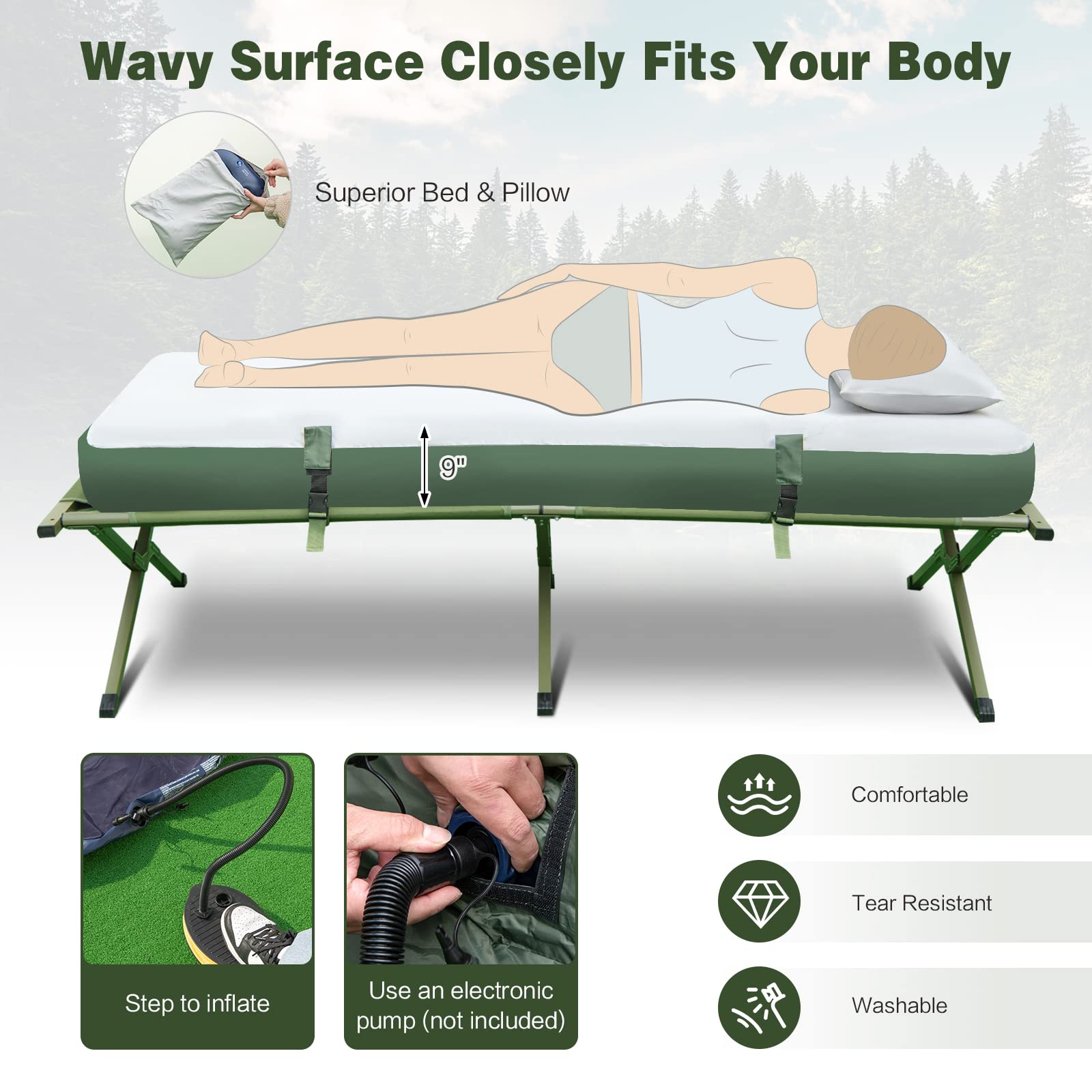 Nightcore Single Person Camping Tent with Air Mattress & Pillow - Portable Folding Cot with Metal Frame, Polyester Canopy & Sleeping Bag - Military Green (76”x31”x63”) for Outdoor Adventures, Backpacking, Hiking & Family Picnics