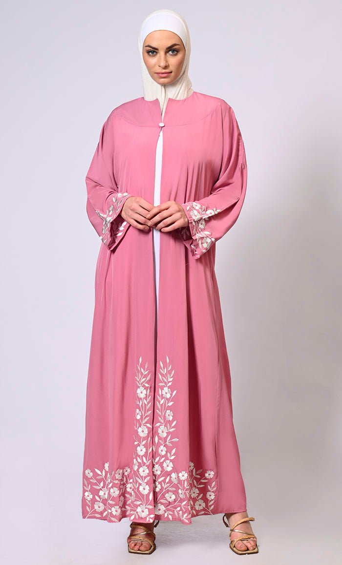 Elegant Pink Embroidered Abaya with Belt - Modest Islamic Dress for Women - Perfect for Prayer, Weddings & Special Occasions