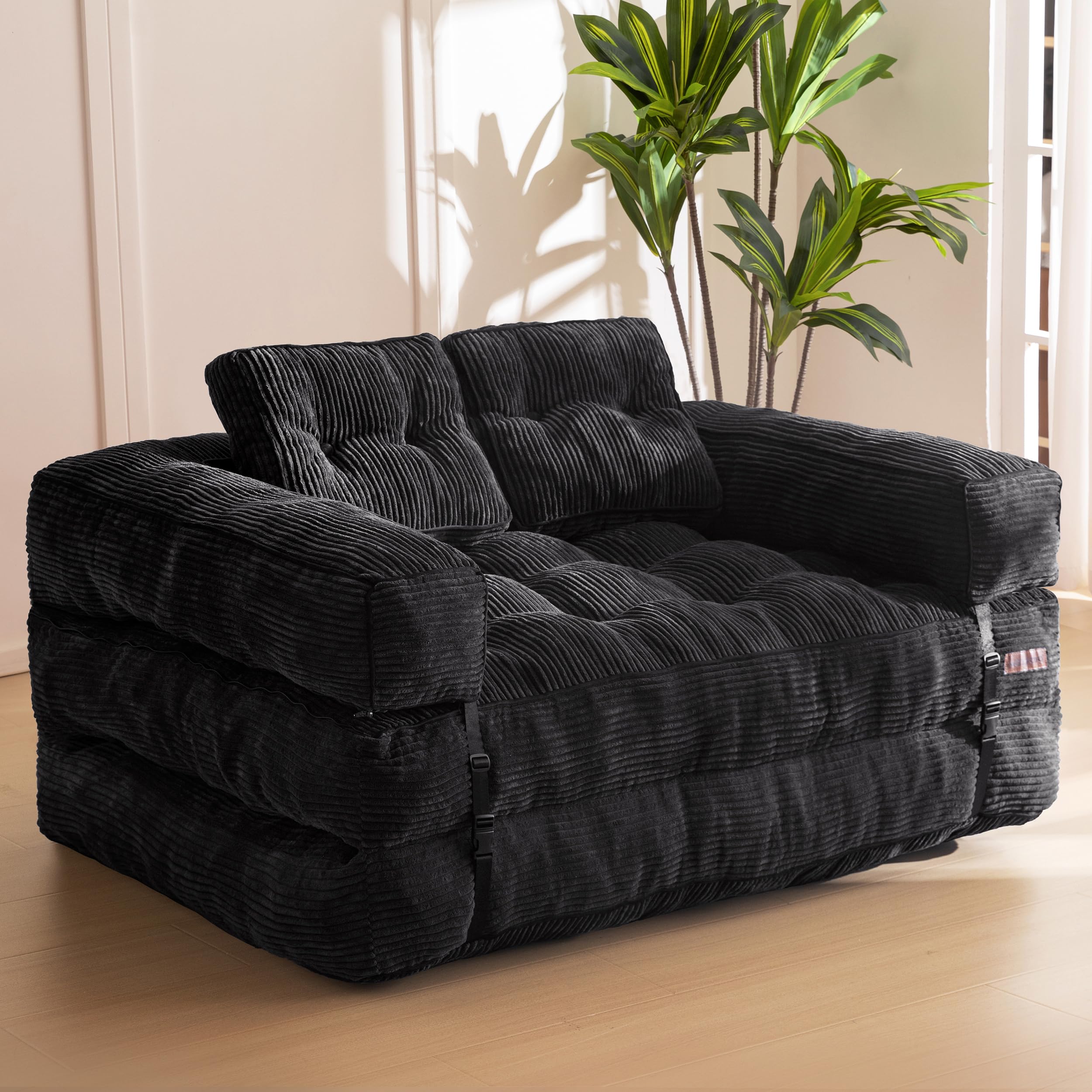 MAXYOYO L-Shaped Folding Sofa Bed - Convertible Sleeper Couch with Armrest & Pillow, Portable Foldable Floor Lounger for Small Spaces - Perfect for Living Room, Bedroom, Guest Room & Studio Apartments - Double Size in Black