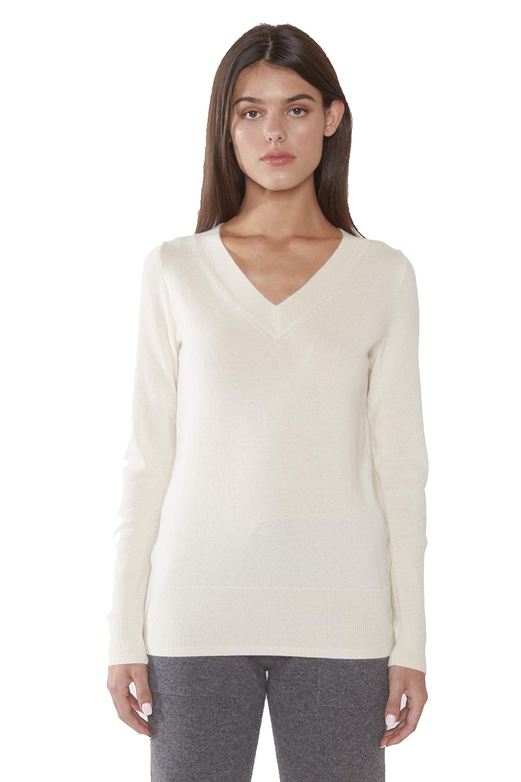 JENNIE LIU Women's 100% Pure Cashmere Long Sleeve V-Neck Sweater - Soft & Warm Winter Pullover for Office, Dating & Casual Outfits