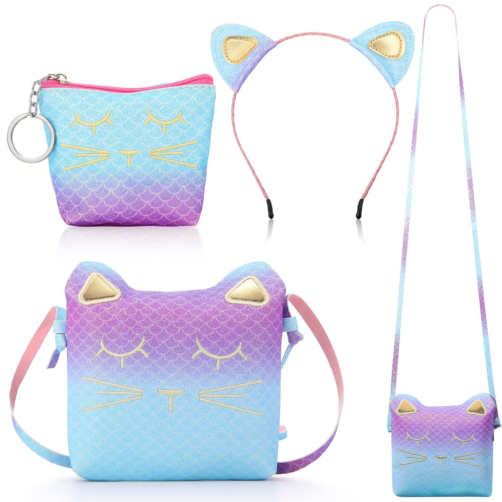 WeeWooday 3-Piece Cat Shoulder Bag Set - Cute Christmas Crossbody Purse with Mini Coin Wallet & Cat Headband - Perfect Gift for Girls (Blue, Purple) | Great for School, Travel, and Holiday Outfits