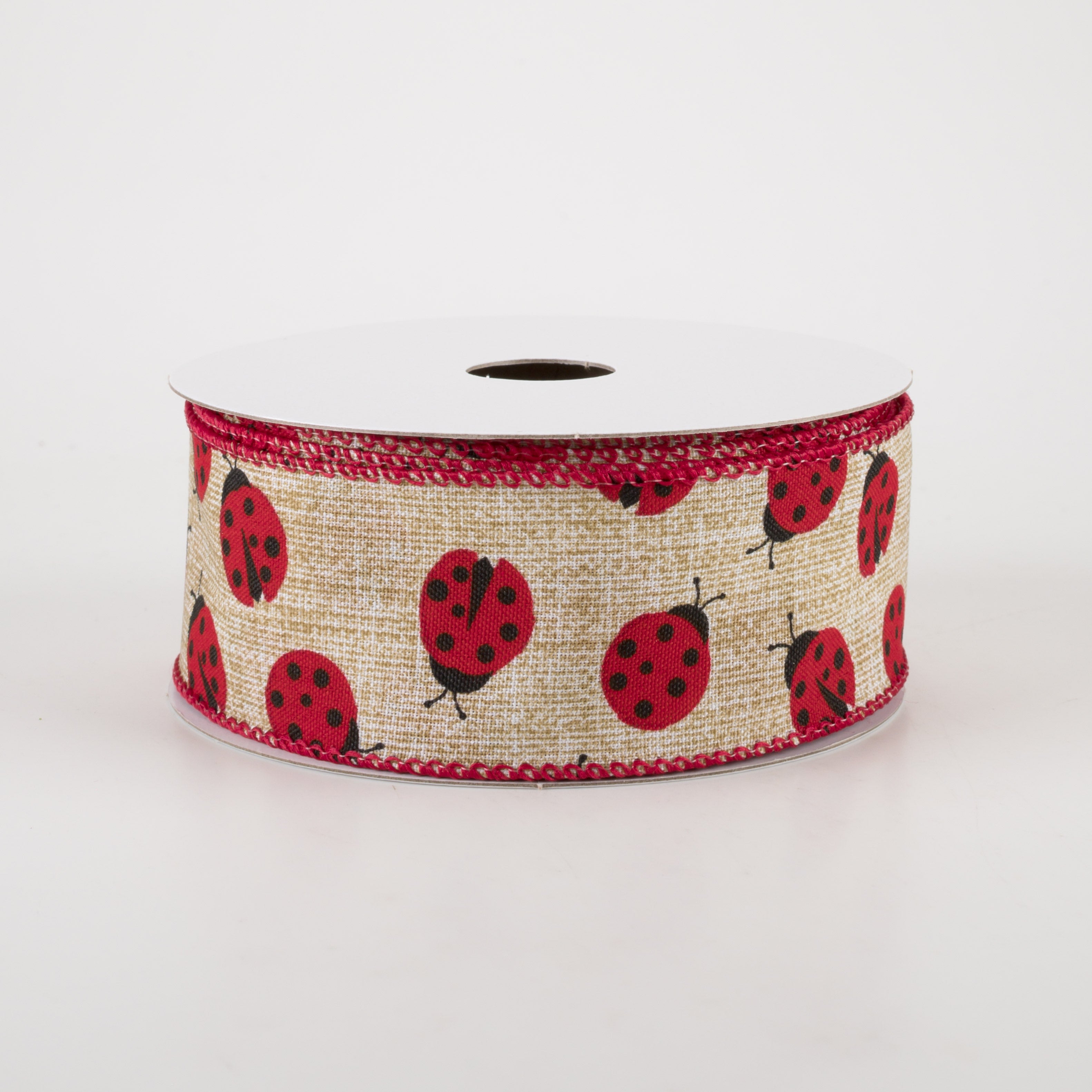 1.5 Inch Natural Linen Ladybug Print Ribbon - 10 Yards Bulk Roll for Gift Wrapping, DIY Crafts, Hair Bows & Home Decor
