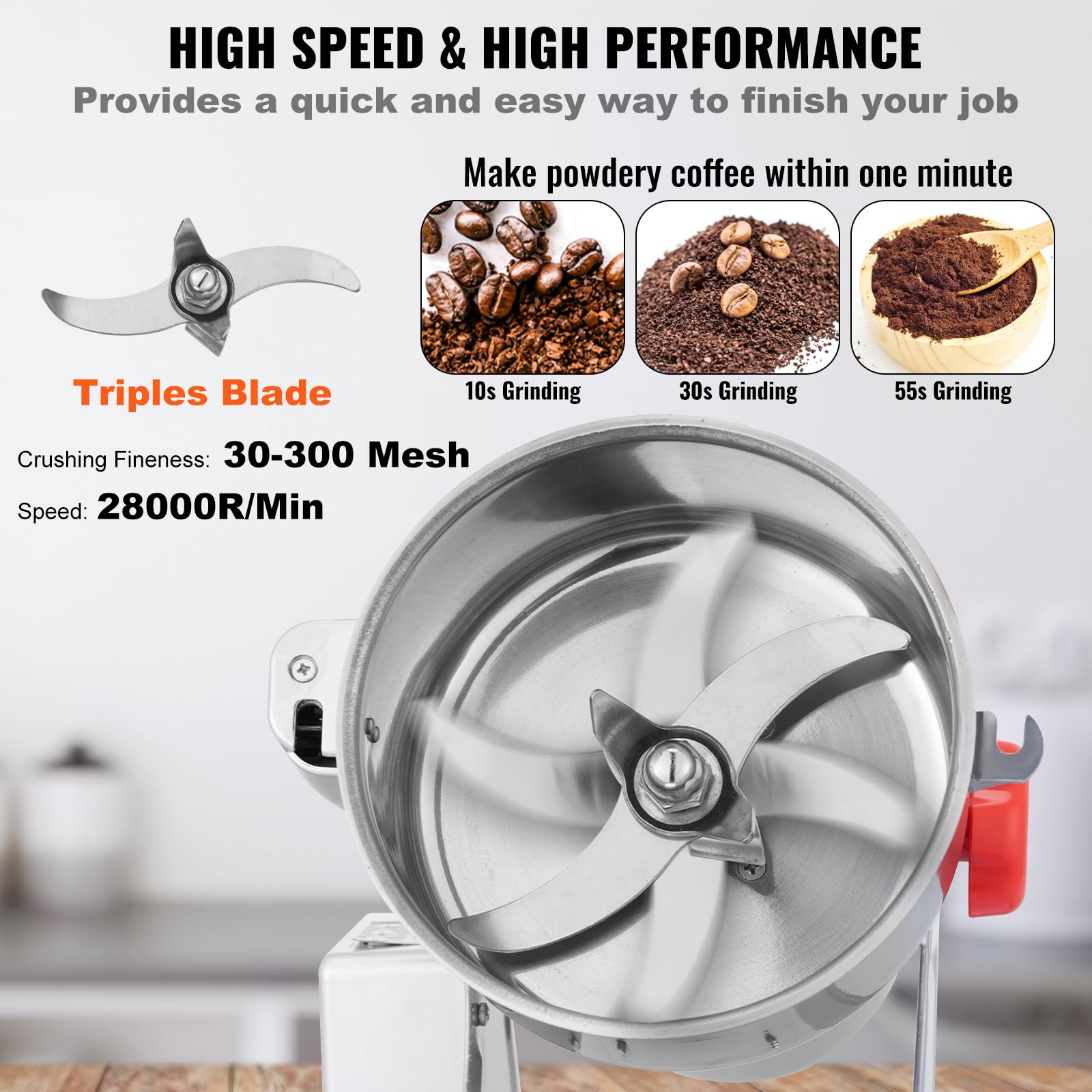 VEVOR 1000g Electric Grain Mill Grinder - 3000W High-Speed Commercial Spice Grinder | Stainless Steel Powder Machine for Coffee, Corn, Pepper & Dry Grains | Perfect for Bakeries, Coffee Shops & Home Kitchens